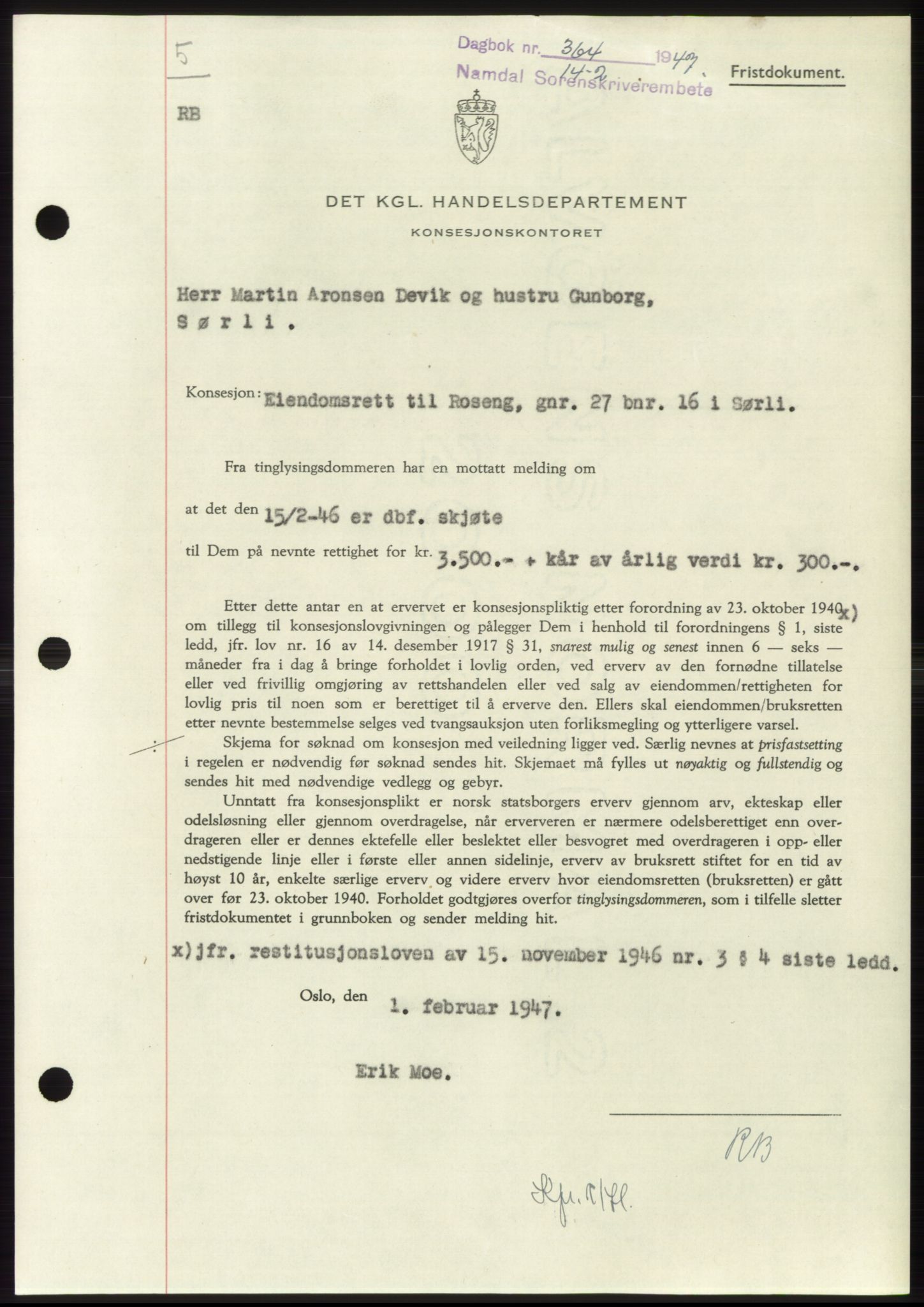 Namdal sorenskriveri, SAT/A-4133/1/2/2C: Pantebok nr. -, 1946-1947, Dagboknr: 364/1947
