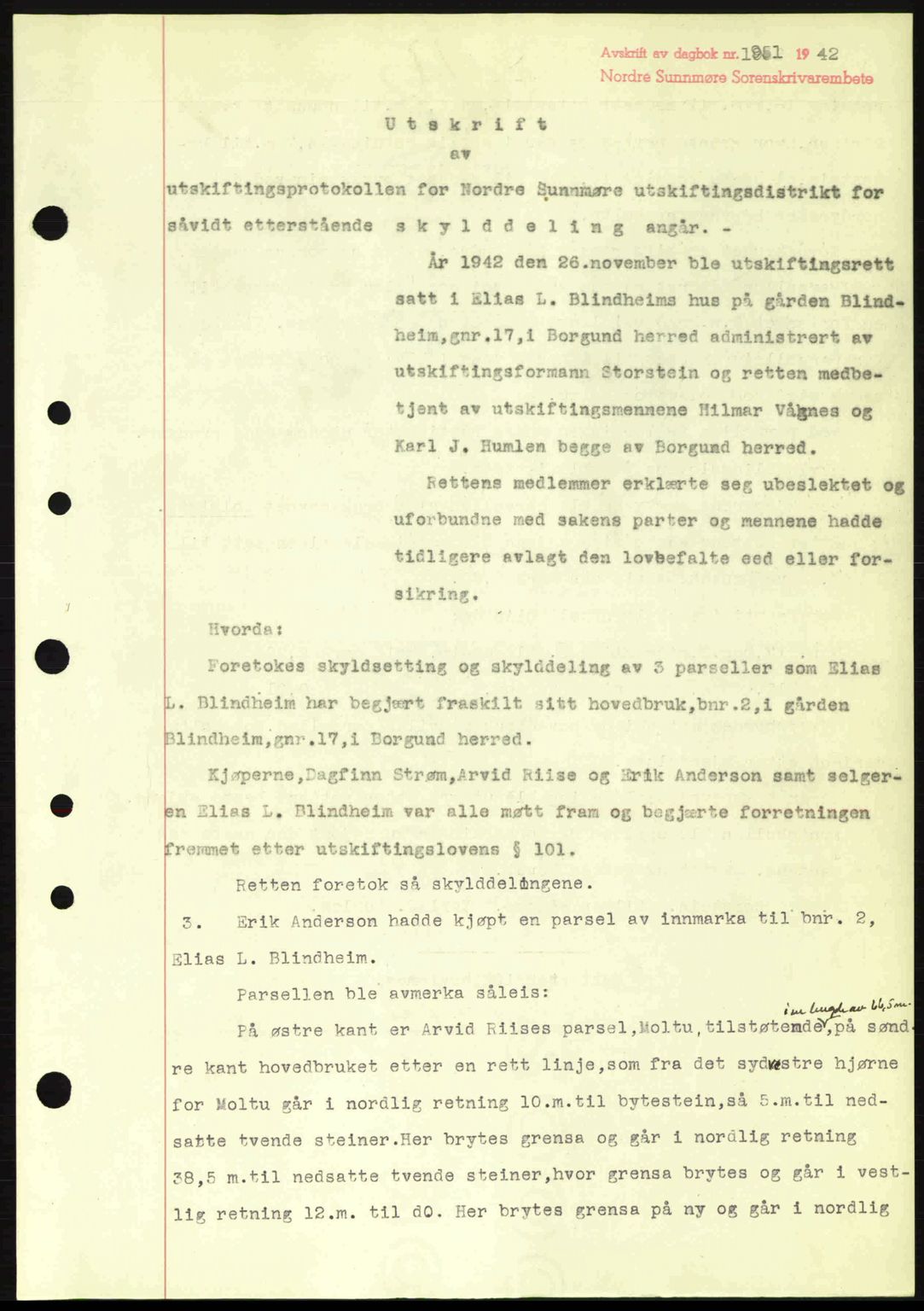 Nordre Sunnmøre sorenskriveri, AV/SAT-A-0006/1/2/2C/2Ca: Pantebok nr. A15, 1942-1943, Dagboknr: 1951/1942