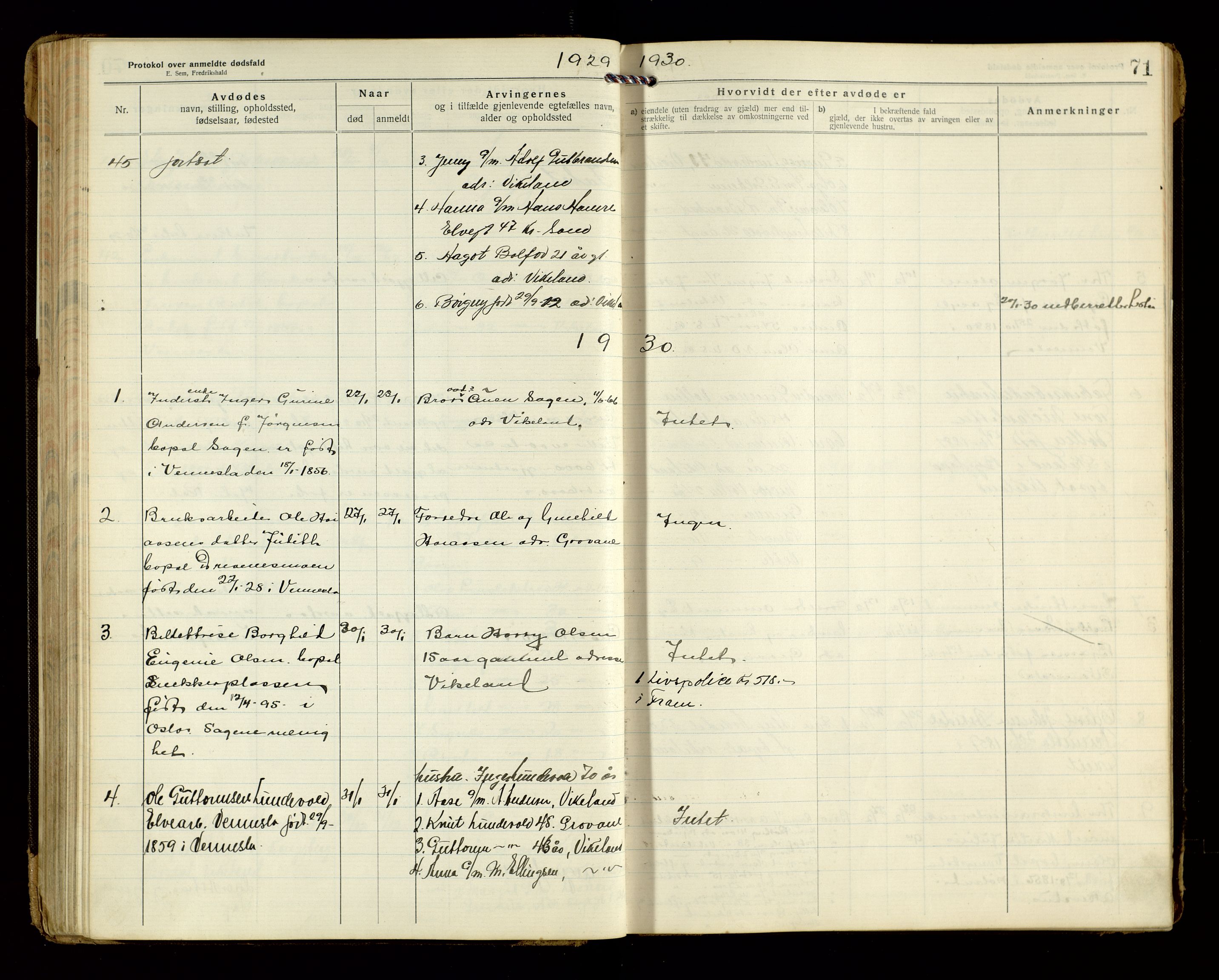 Vennesla og Iveland lensmannskontor, AV/SAK-1241-0050/F/Fe/L0001: Dødsfallsprotokoll nr 7, 1920-1940, s. 71