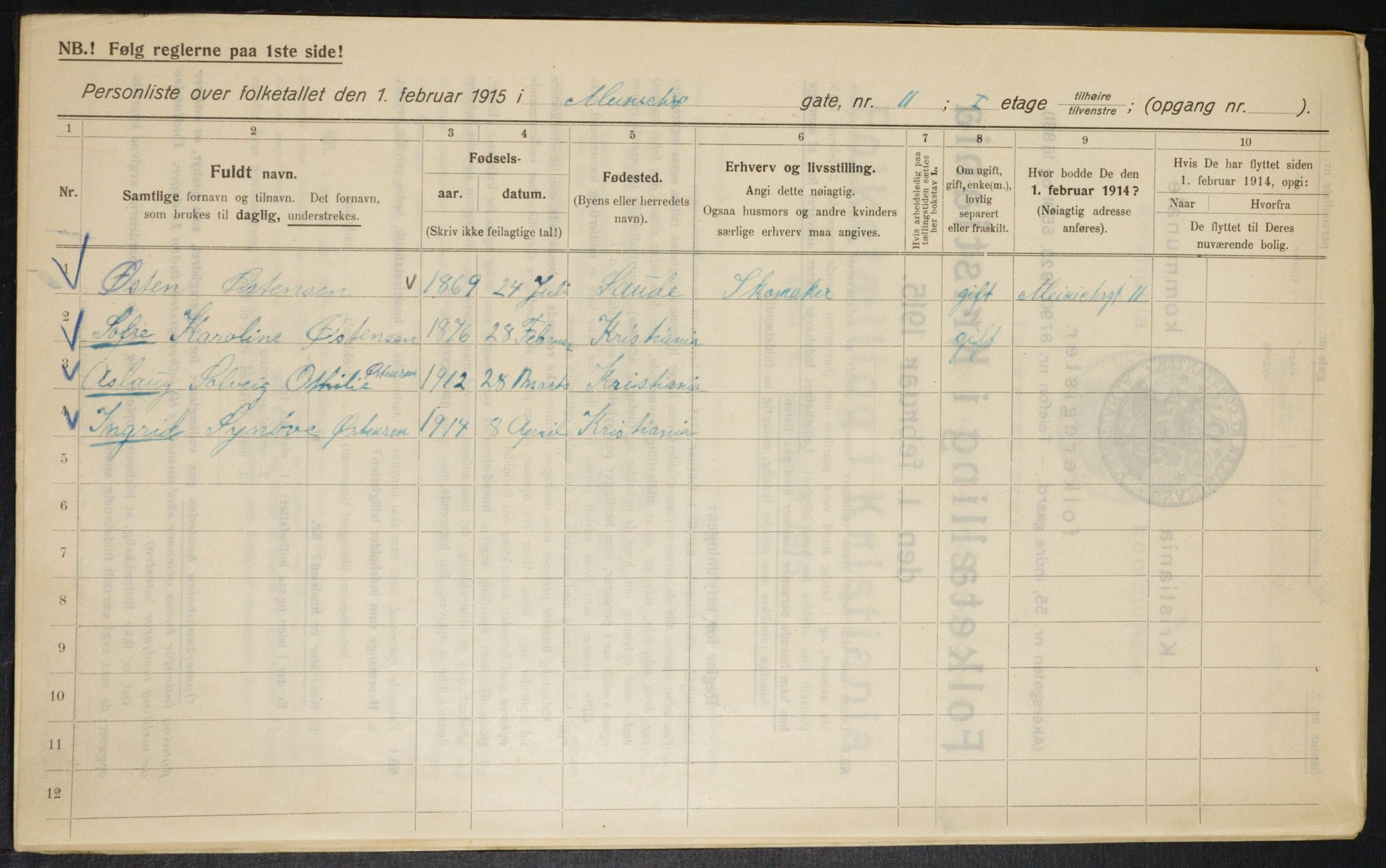 OBA, Kommunal folketelling 1.2.1915 for Kristiania, 1915, s. 1169