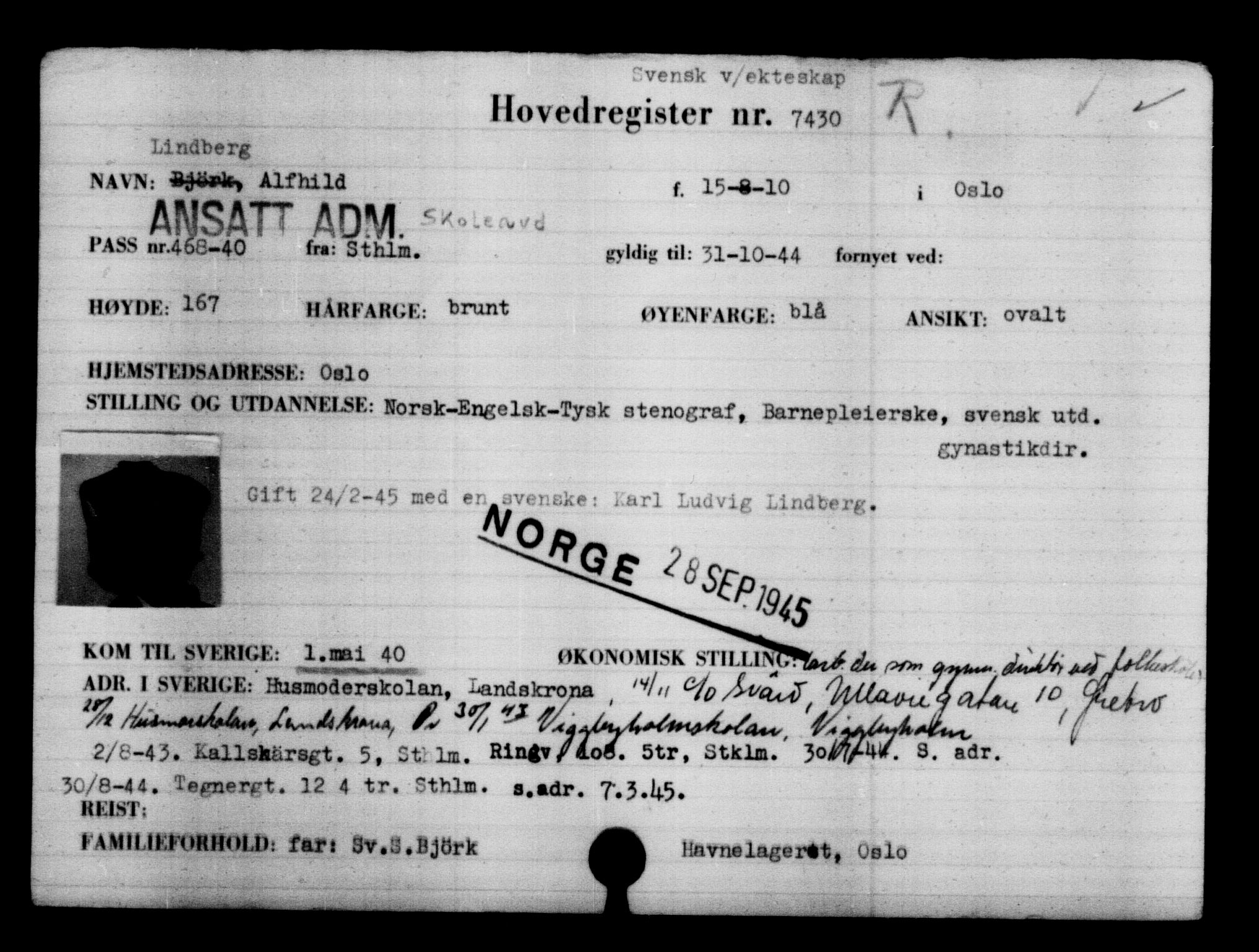 Utenriksstasjonene, Legasjonen i Stockholm, Flyktningkontoret, AV/RA-S-6753/V/Va/L0005: Kjesäterkartoteket, flyktninger med registreringsnr. 6600-9417, 1940-1945, s. 972