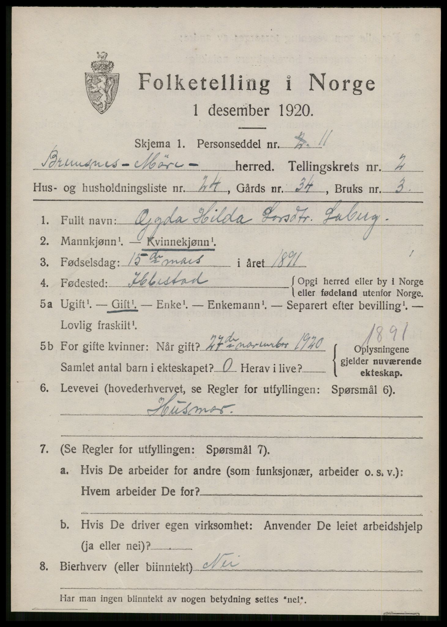 SAT, Folketelling 1920 for 1554 Bremsnes herred, 1920, s. 3281