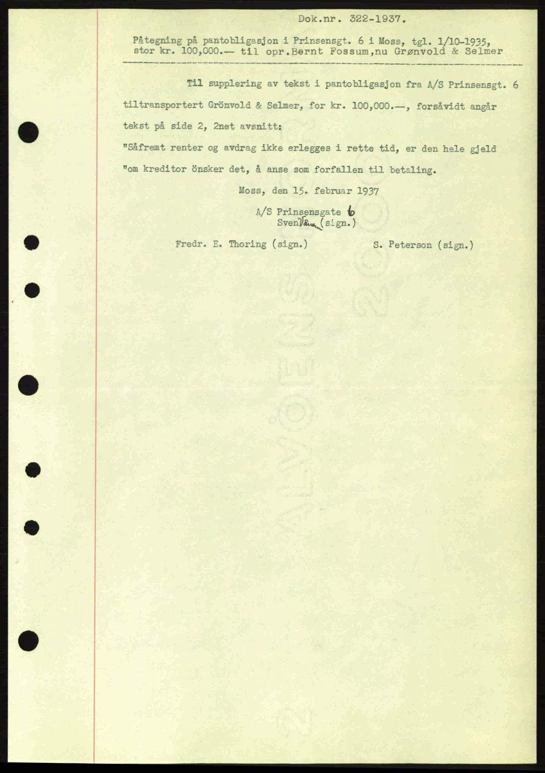 Moss sorenskriveri, SAO/A-10168: Pantebok nr. B3, 1937-1937, Dagboknr: 322/1937