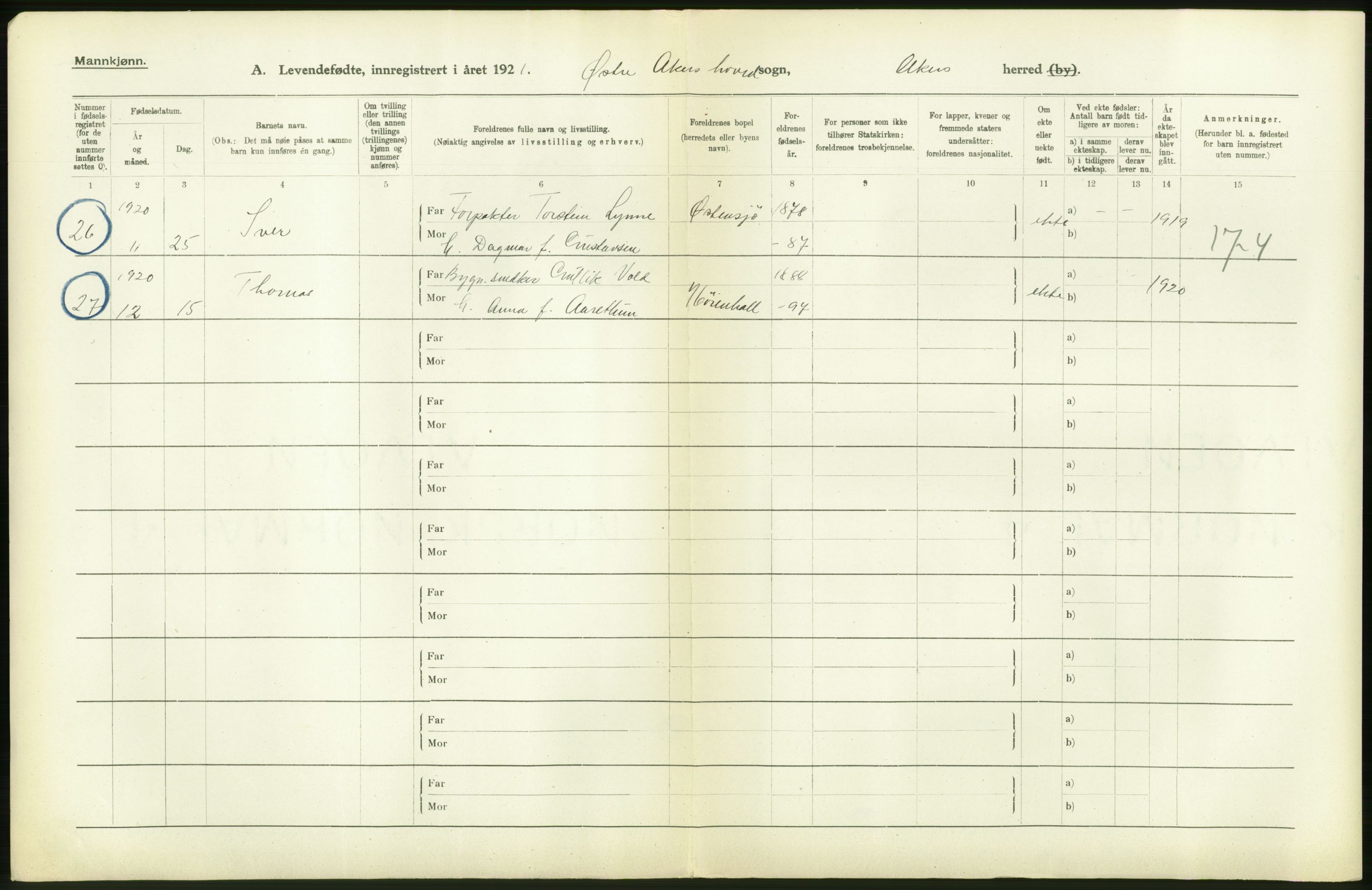 Statistisk sentralbyrå, Sosiodemografiske emner, Befolkning, AV/RA-S-2228/D/Df/Dfc/Dfca/L0004: Akershus fylke: Levendefødte menn og kvinner. Bygder., 1921, s. 98