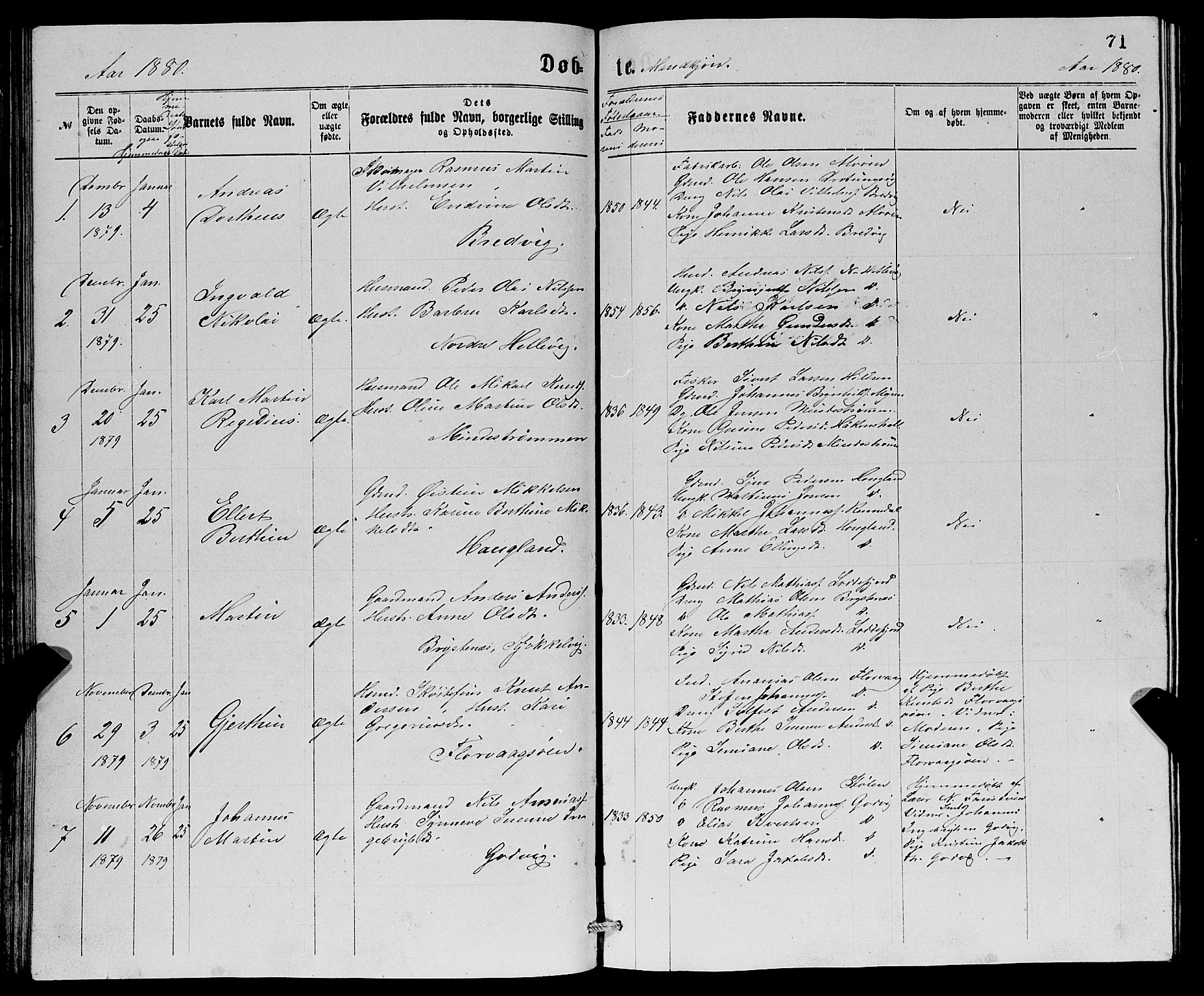 Askøy Sokneprestembete, AV/SAB-A-74101/H/Ha/Hab/Haba/L0007: Klokkerbok nr. A 7, 1871-1881, s. 71