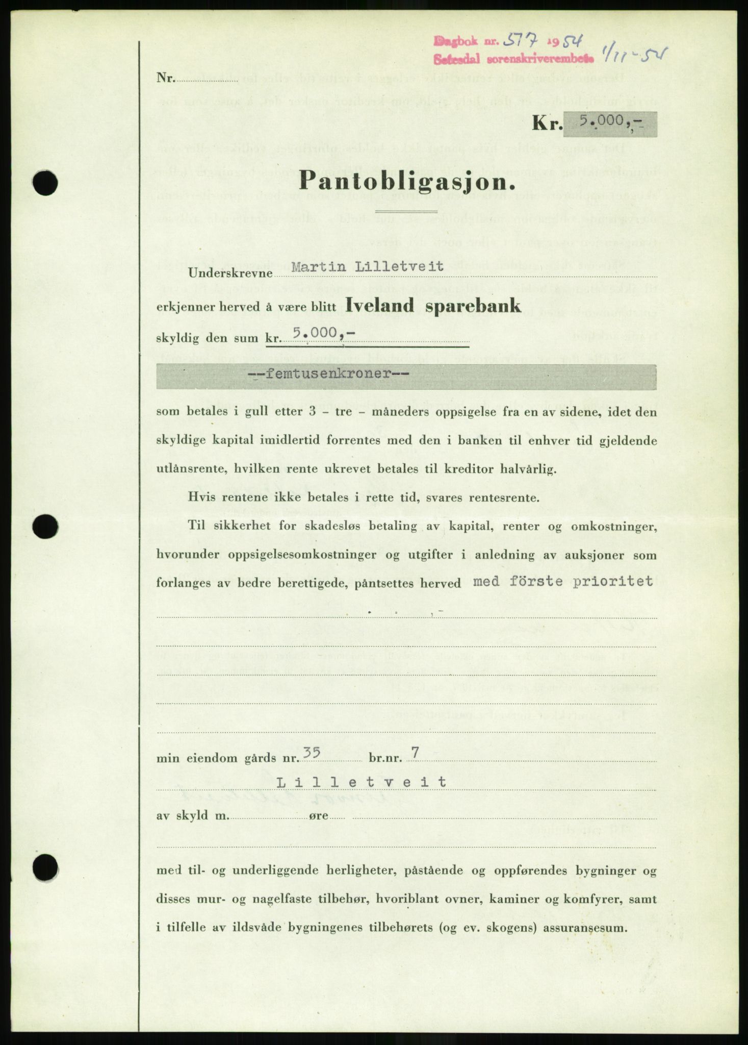 Setesdal sorenskriveri, SAK/1221-0011/G/Gb/L0052: Pantebok nr. B 40, 1954-1955, Dagboknr: 517/1954