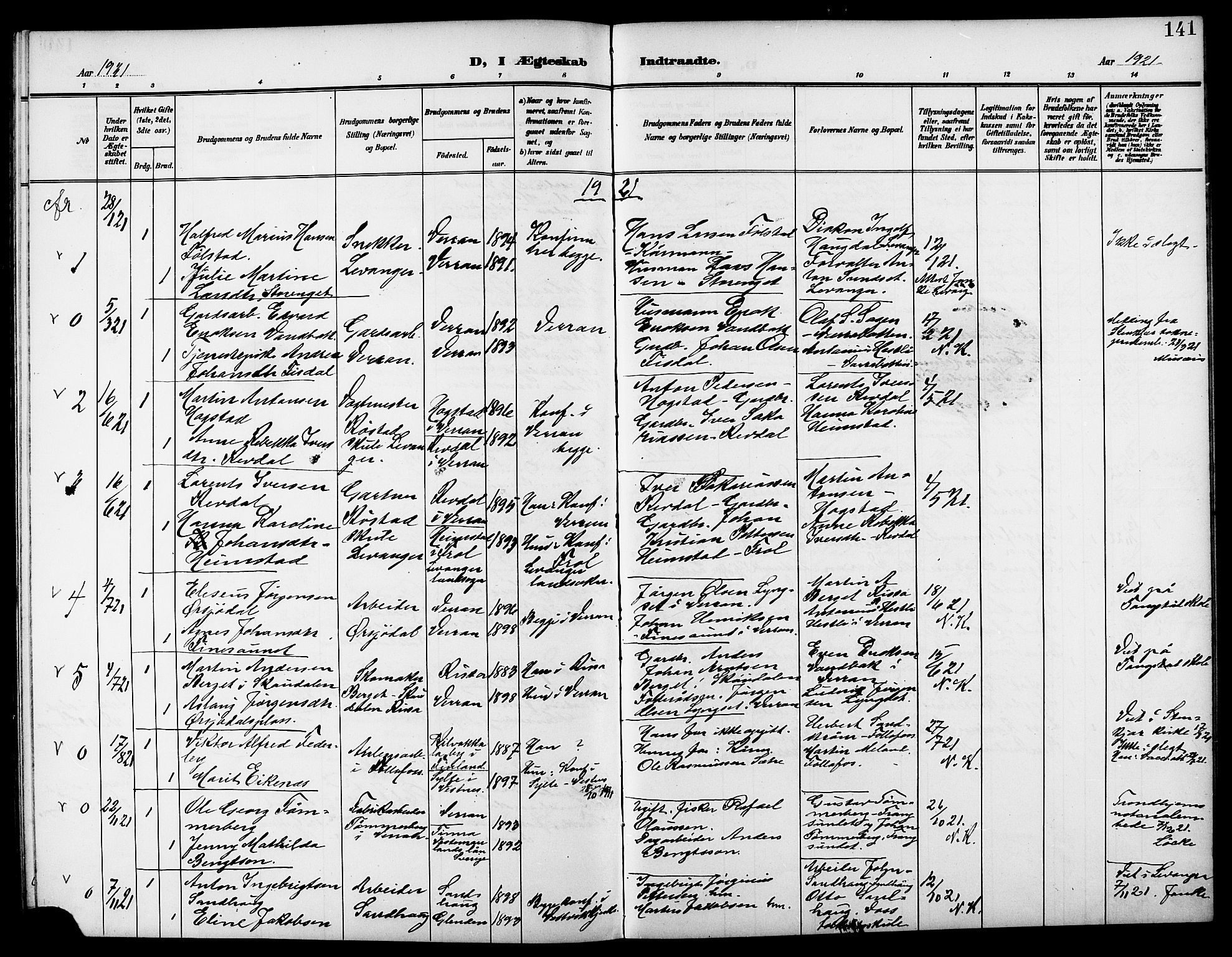 Ministerialprotokoller, klokkerbøker og fødselsregistre - Nord-Trøndelag, AV/SAT-A-1458/744/L0424: Klokkerbok nr. 744C03, 1906-1923, s. 141