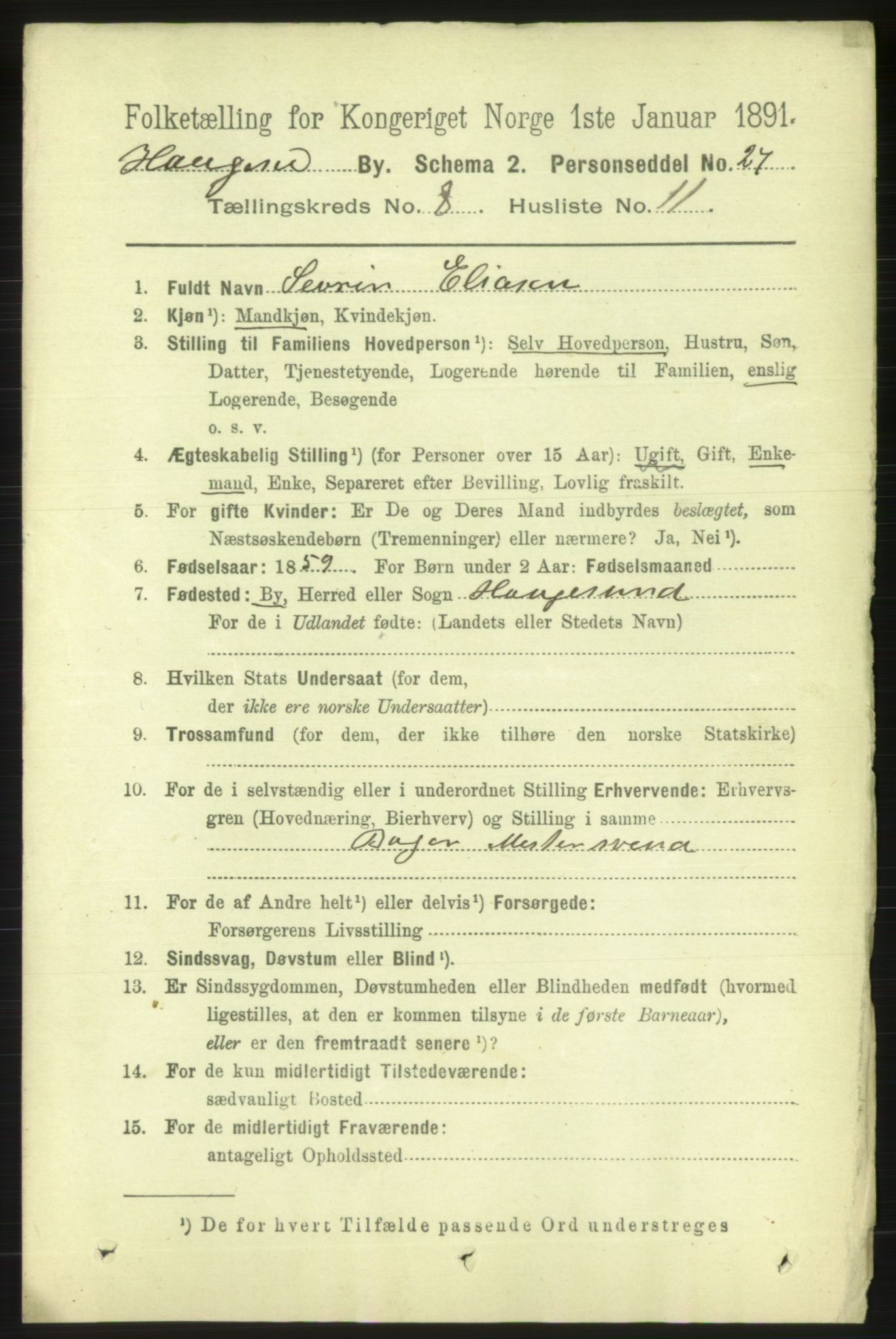 RA, Folketelling 1891 for 1106 Haugesund kjøpstad, 1891, s. 3707