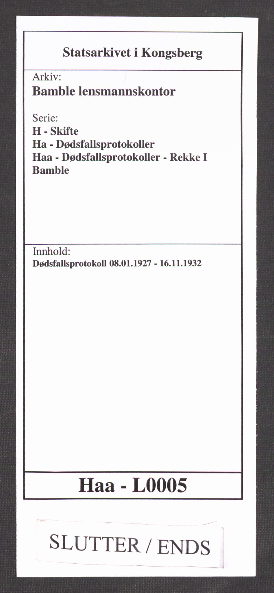 Bamble lensmannskontor, SAKO/A-552/H/Ha/Haa/L0005: Dødsfallsprotokoll, 1927-1932