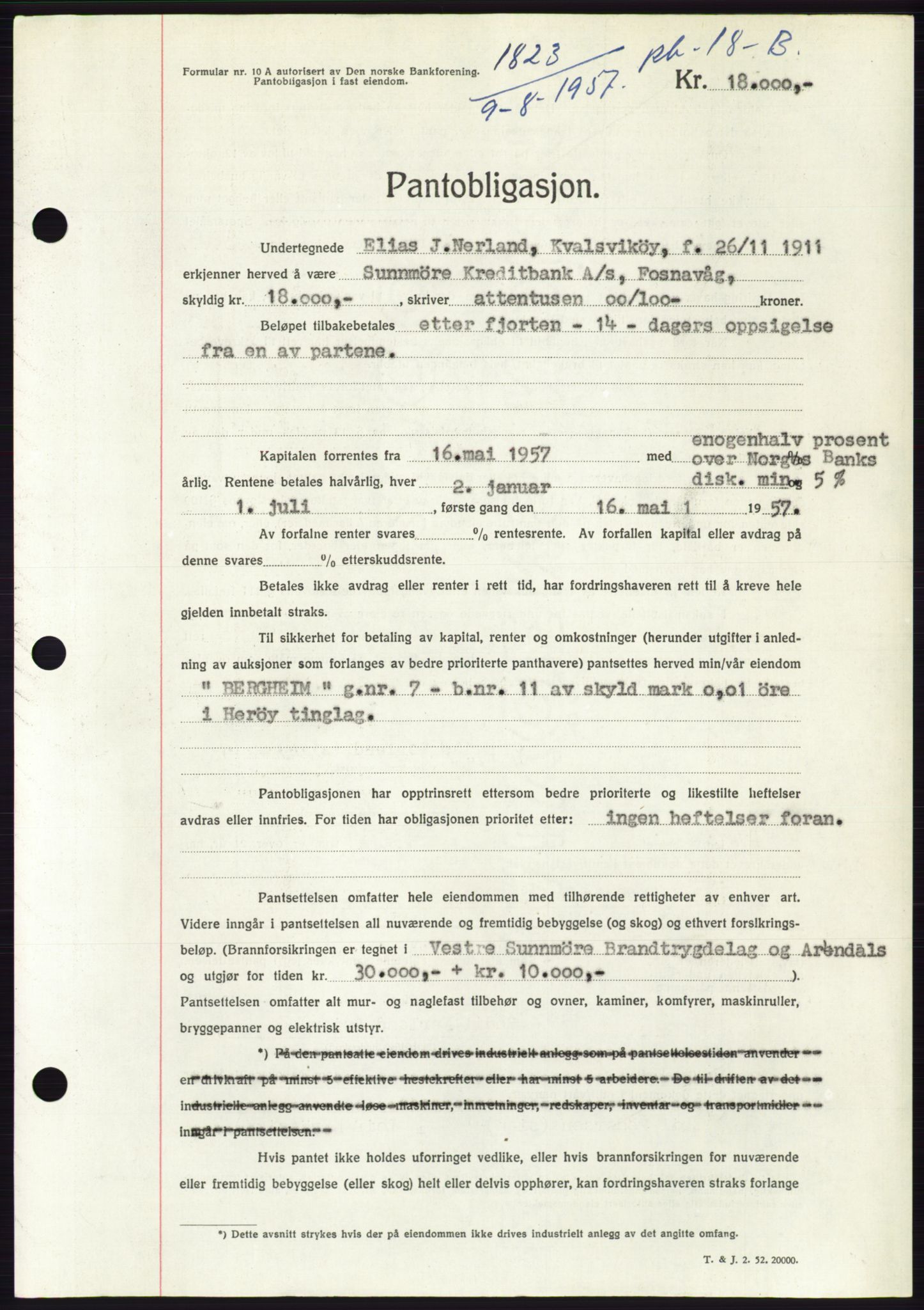 Søre Sunnmøre sorenskriveri, AV/SAT-A-4122/1/2/2C/L0130: Pantebok nr. 18B, 1957-1958, Dagboknr: 1823/1957