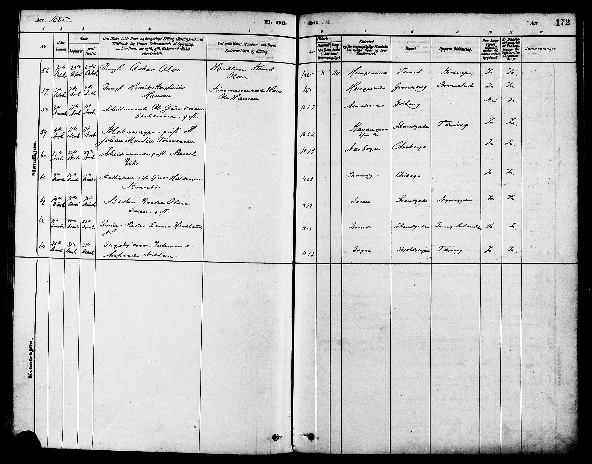 Haugesund sokneprestkontor, AV/SAST-A -101863/H/Ha/Haa/L0003: Ministerialbok nr. A 3, 1885-1890, s. 172