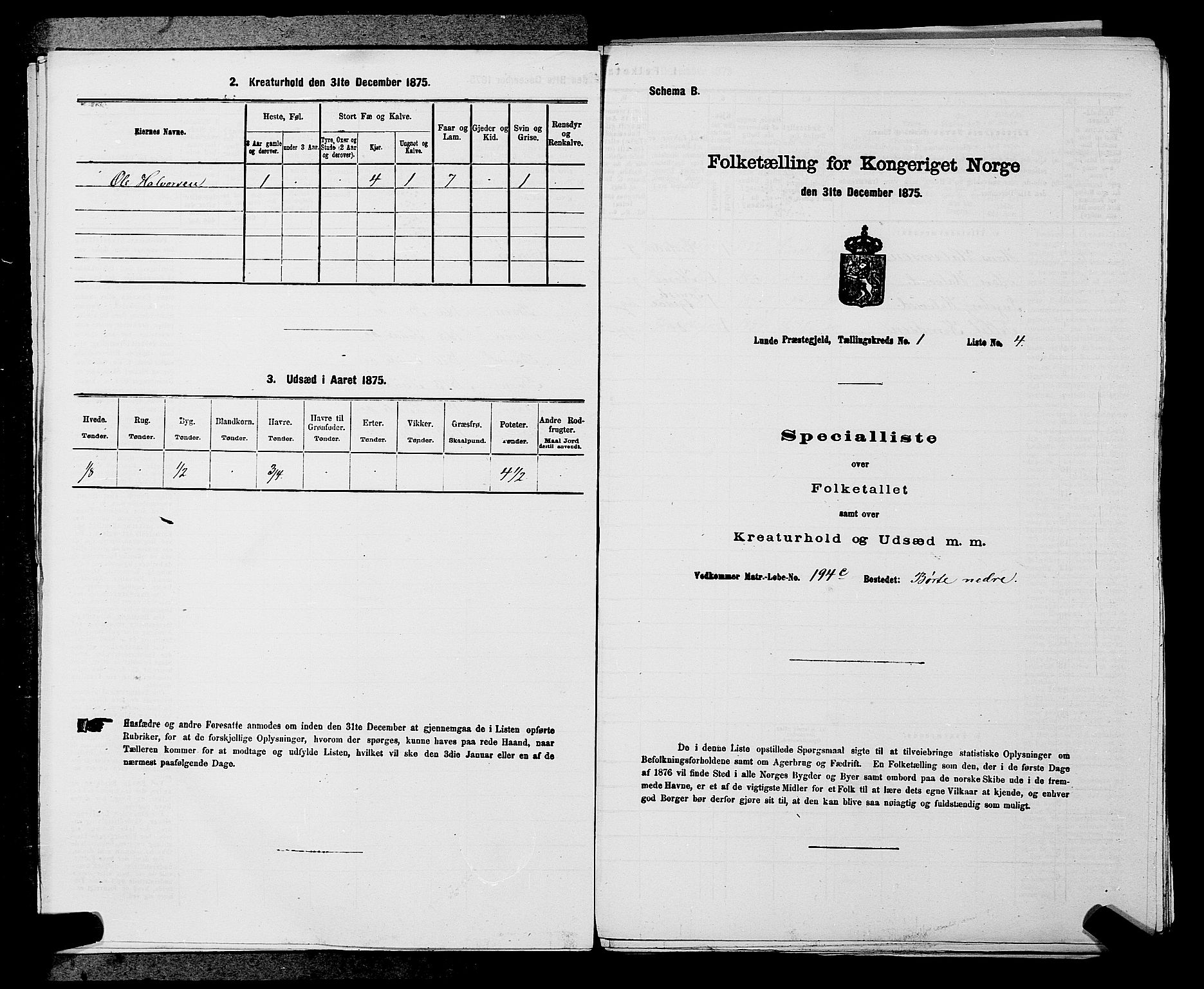 SAKO, Folketelling 1875 for 0820P Lunde prestegjeld, 1875, s. 44