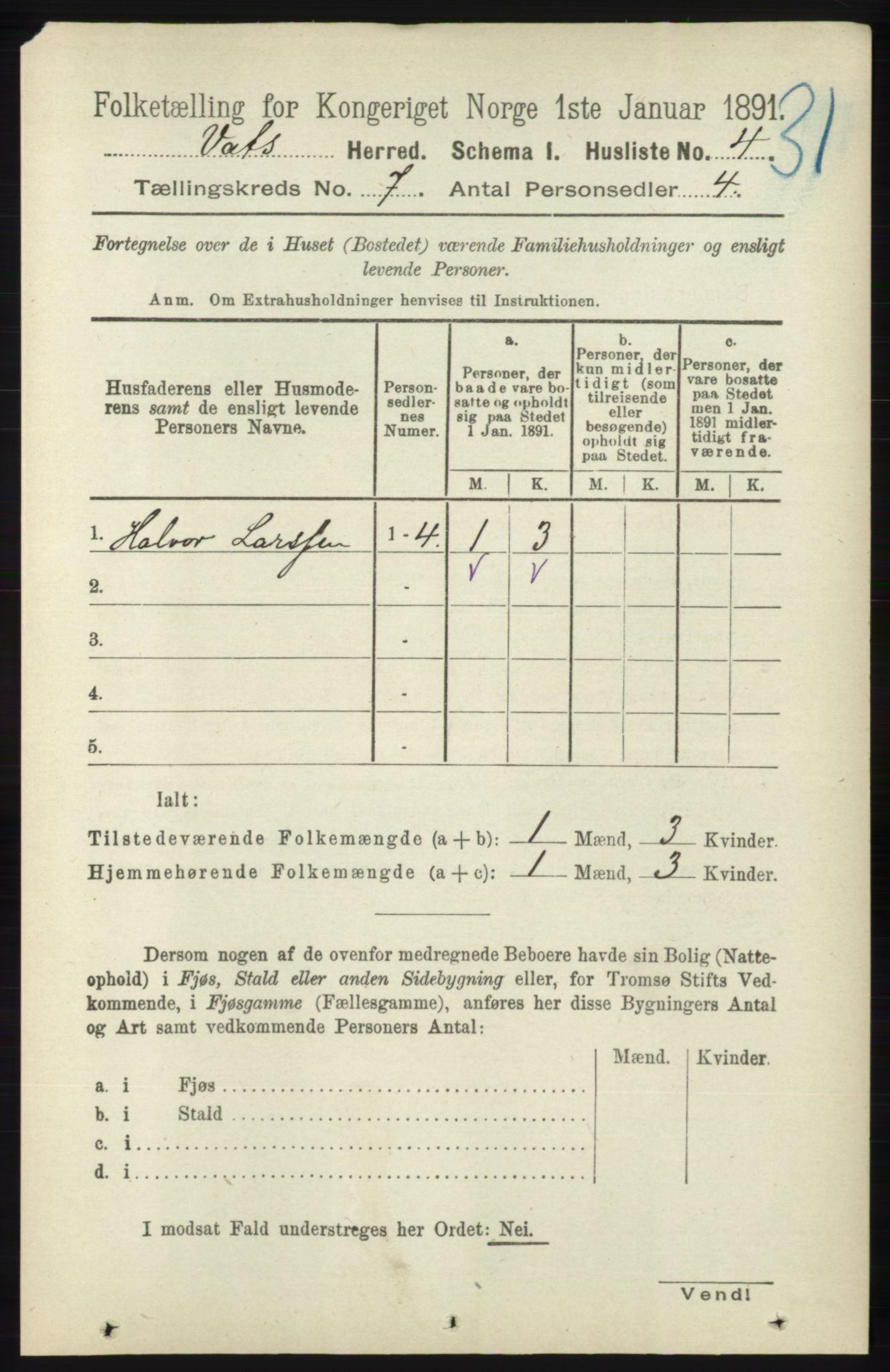 RA, Folketelling 1891 for 1155 Vats herred, 1891, s. 1063