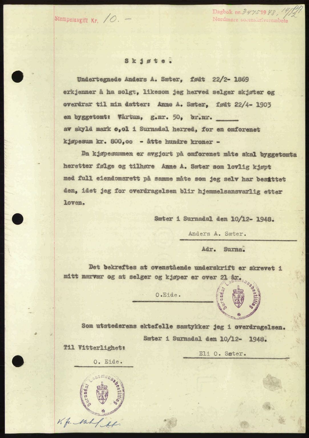 Nordmøre sorenskriveri, SAT/A-4132/1/2/2Ca: Pantebok nr. A110, 1948-1949, Dagboknr: 3475/1948
