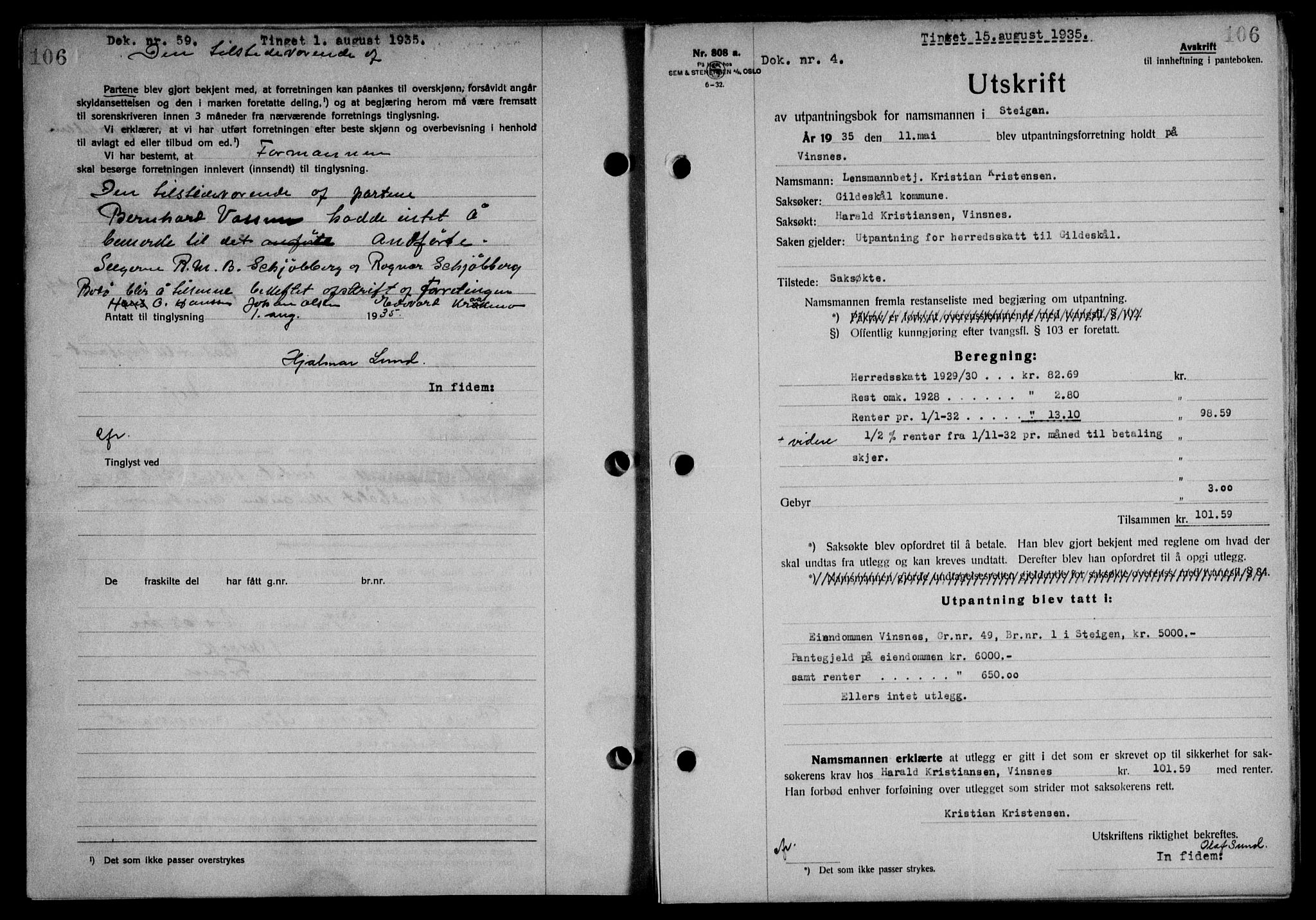 Steigen og Ofoten sorenskriveri, AV/SAT-A-0030/1/2/2C/L0026: Pantebok nr. 30, 1935-1936, Tingl.dato: 15.08.1935