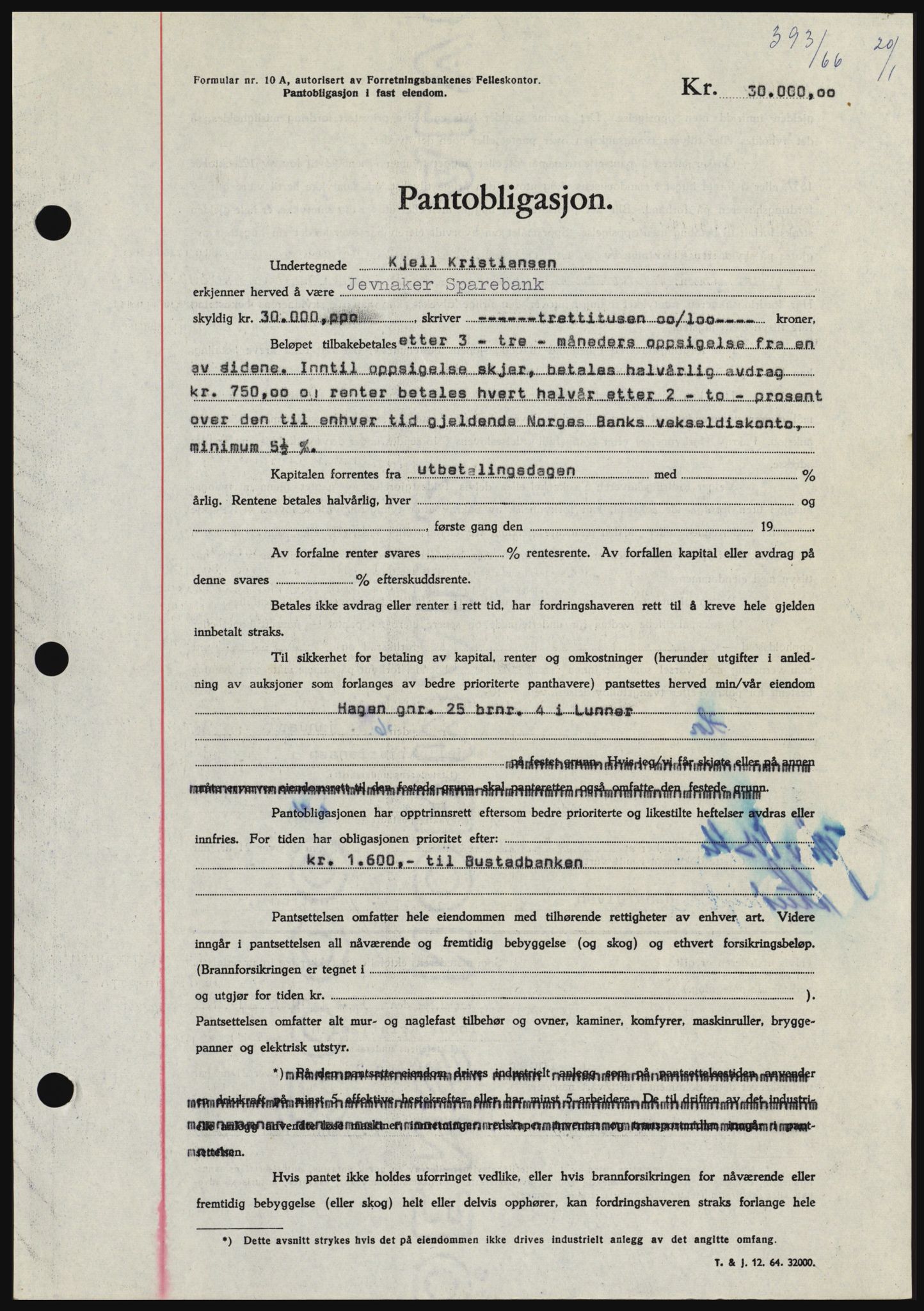 Hadeland og Land tingrett, SAH/TING-010/H/Hb/Hbc/L0061: Pantebok nr. B61, 1965-1966, Dagboknr: 393/1966