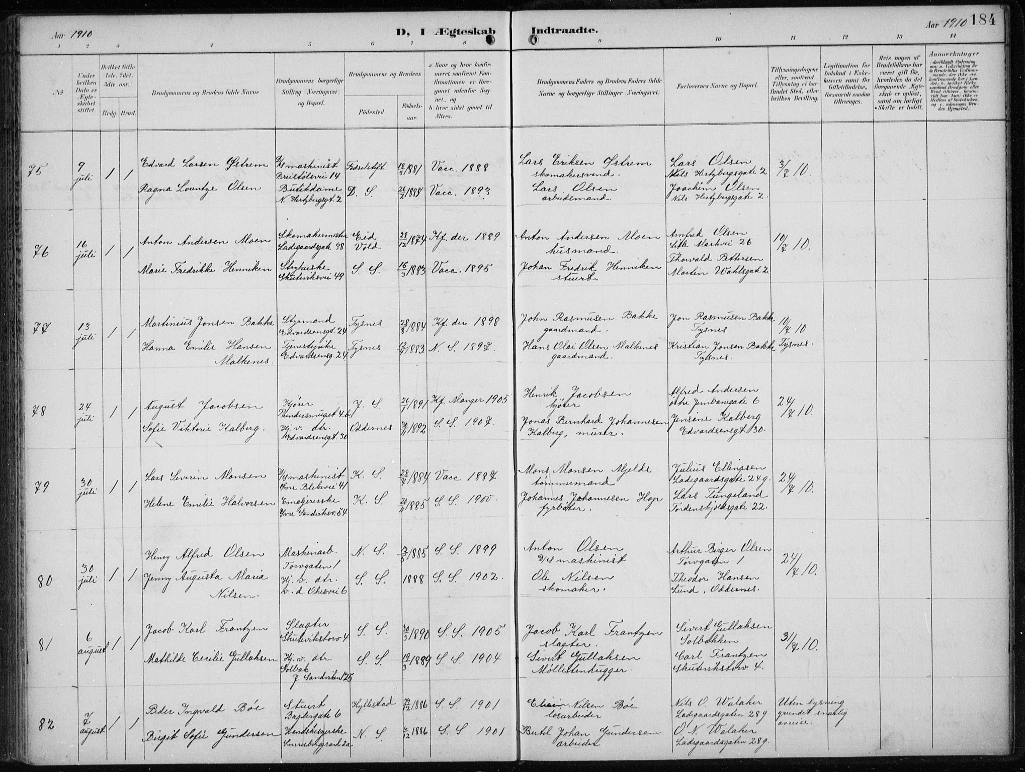 Sandviken Sokneprestembete, AV/SAB-A-77601/H/Ha/L0014: Ministerialbok nr. D 1, 1896-1911, s. 184