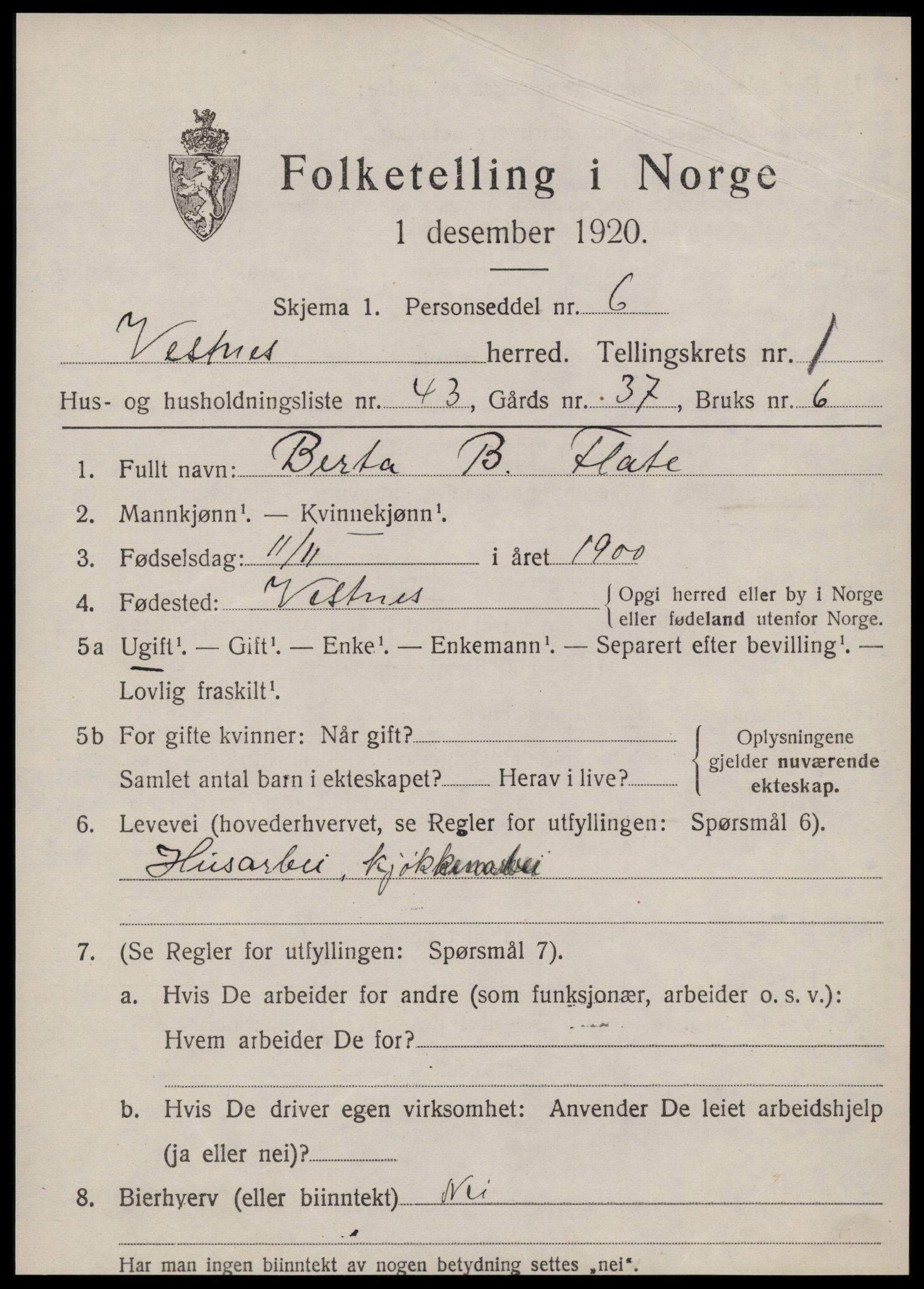 SAT, Folketelling 1920 for 1535 Vestnes herred, 1920, s. 1743