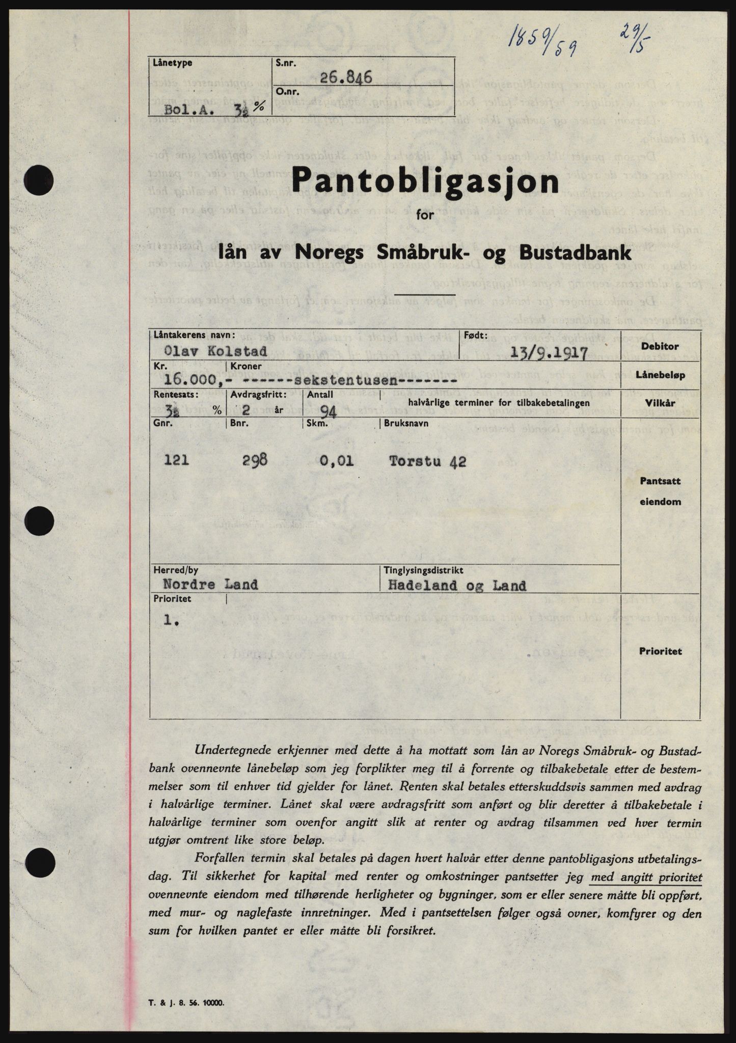 Hadeland og Land tingrett, SAH/TING-010/H/Hb/Hbc/L0040: Pantebok nr. B40, 1959-1959, Dagboknr: 1859/1959