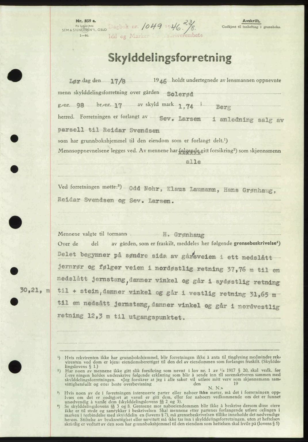 Idd og Marker sorenskriveri, SAO/A-10283/G/Gb/Gbb/L0008: Pantebok nr. A8, 1946-1946, Dagboknr: 1049/1946