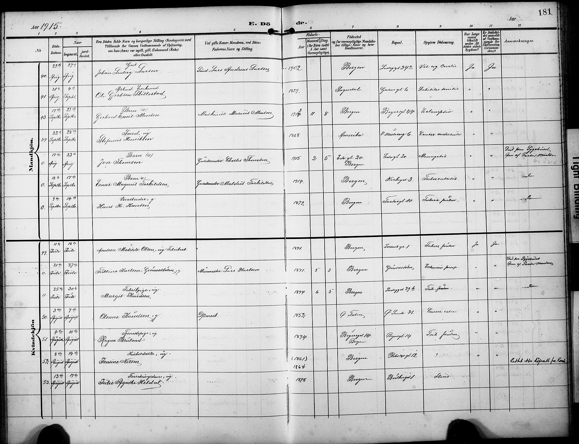 Sandviken Sokneprestembete, AV/SAB-A-77601/H/Hb/L0017: Klokkerbok nr. E 1, 1903-1926, s. 181