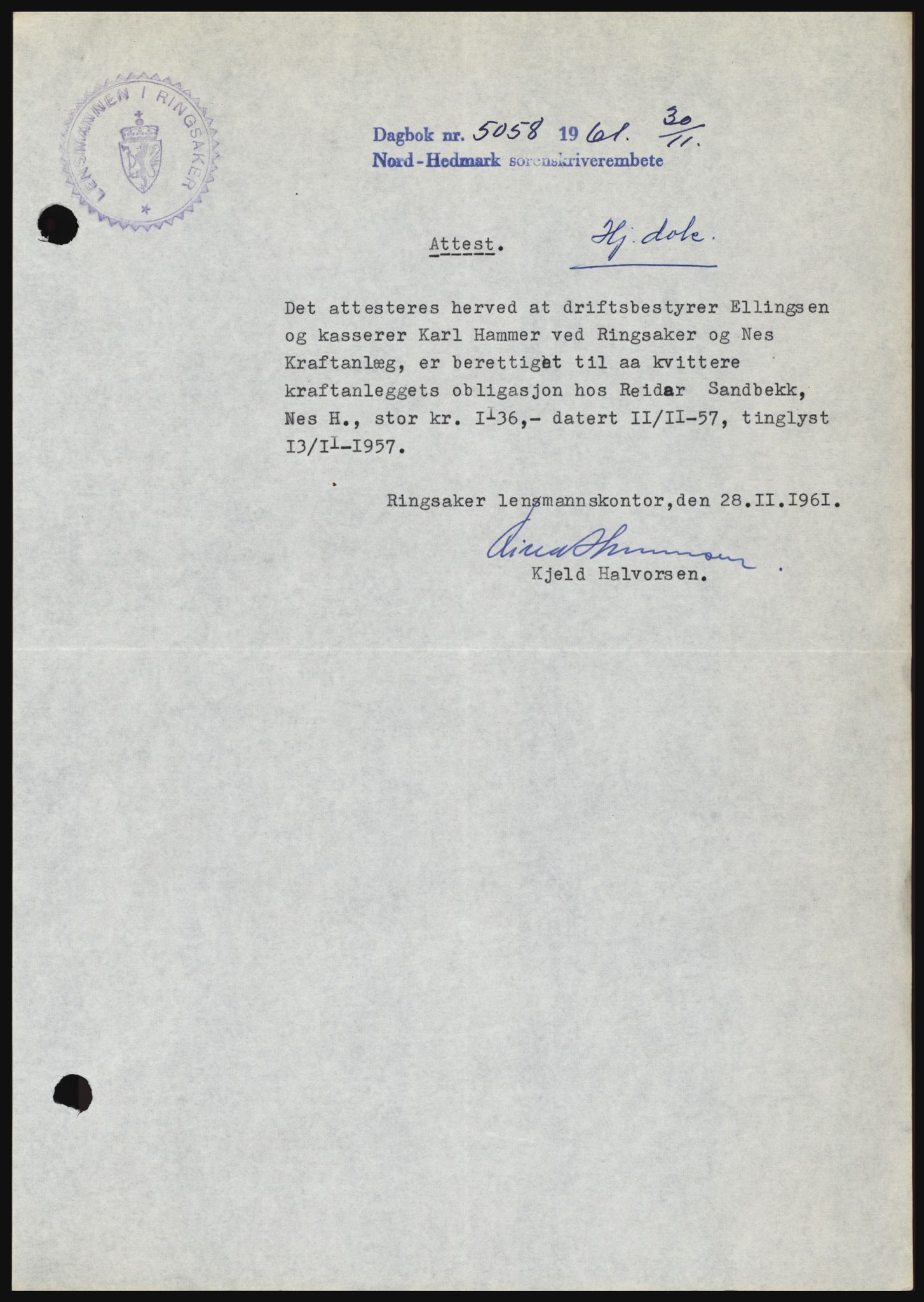 Nord-Hedmark sorenskriveri, SAH/TING-012/H/Hc/L0015: Pantebok nr. 15, 1961-1961, Dagboknr: 5058/1961