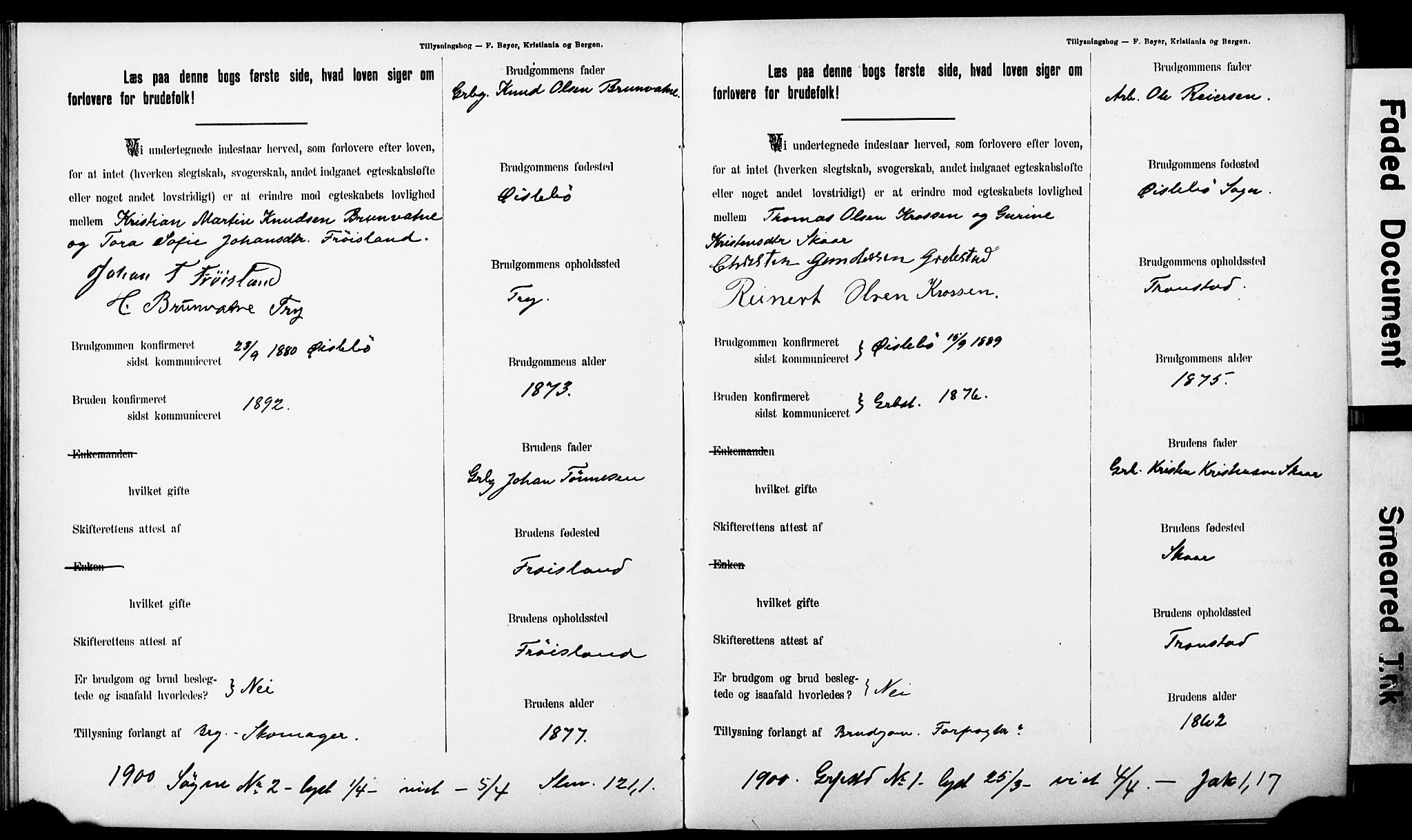 Ullensaker prestekontor Kirkebøker, AV/SAO-A-10236a/H/Ha/L0001: Lysningsprotokoll nr. 1, 1892-1910