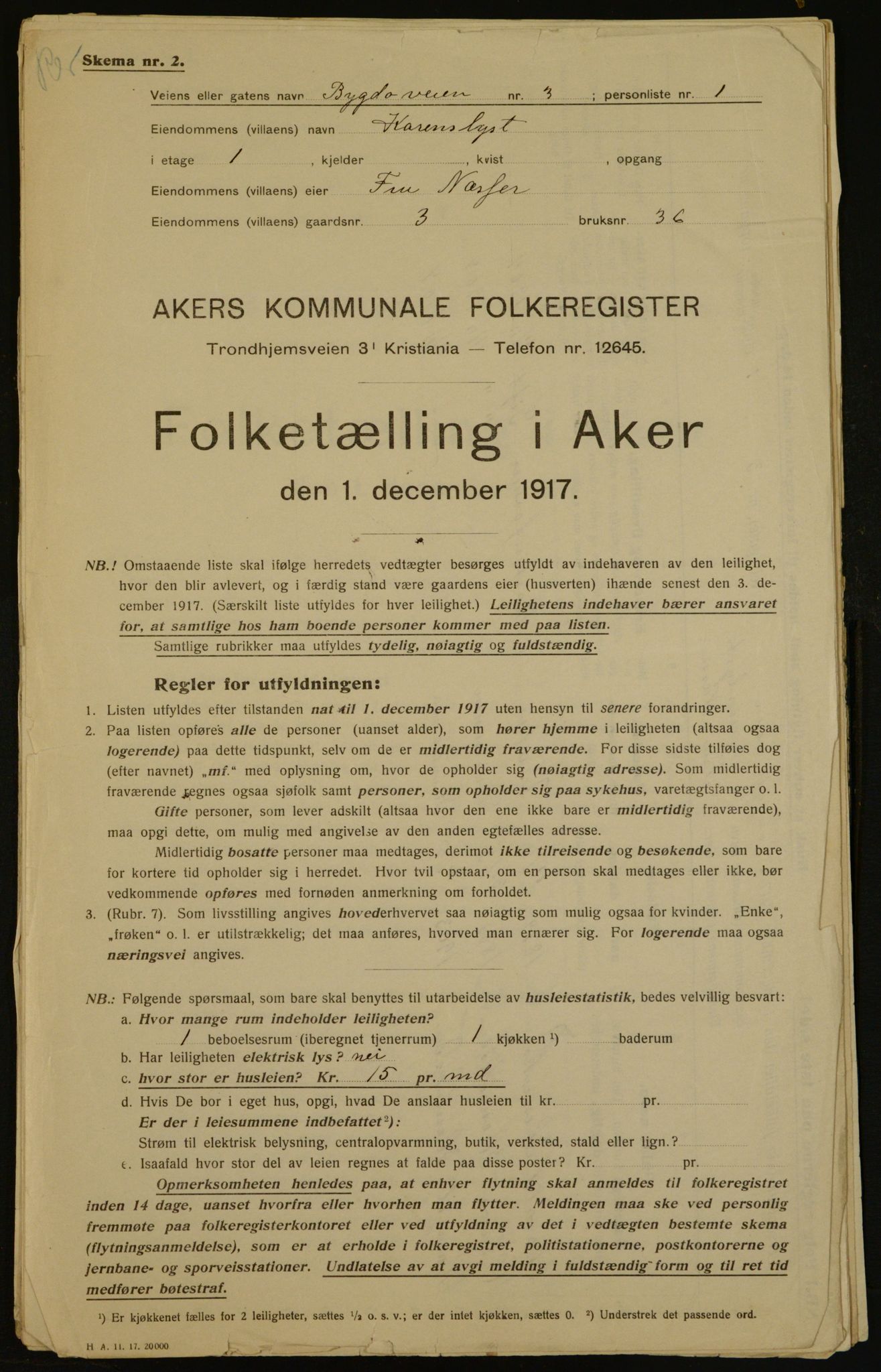 OBA, Kommunal folketelling 1.12.1917 for Aker, 1917, s. 4356