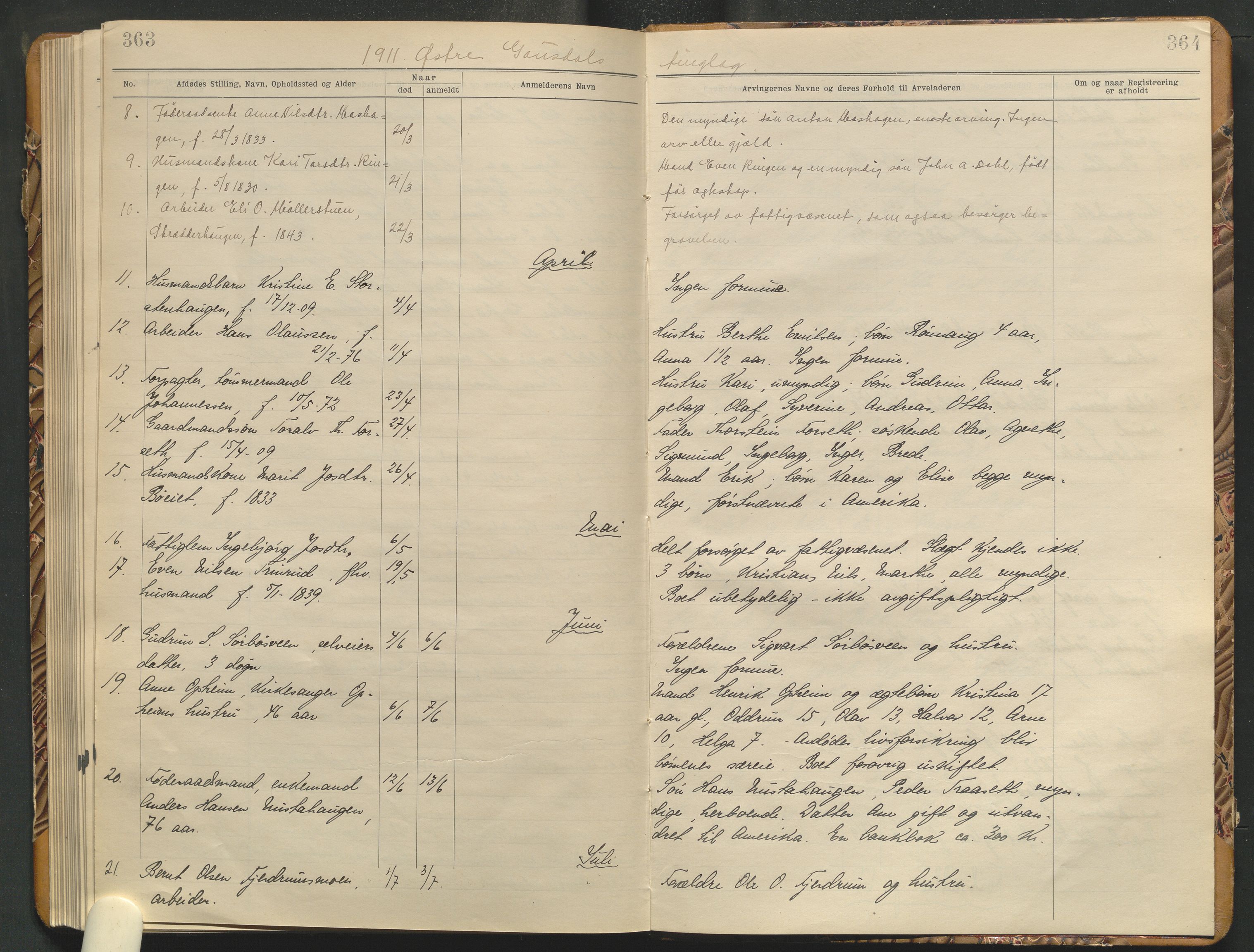 Sør-Gudbrandsdal tingrett, AV/SAH-TING-004/J/Jd/Jda/L0004: Dødsfallsprotokoll  - landet, 1906-1914, s. 363-364