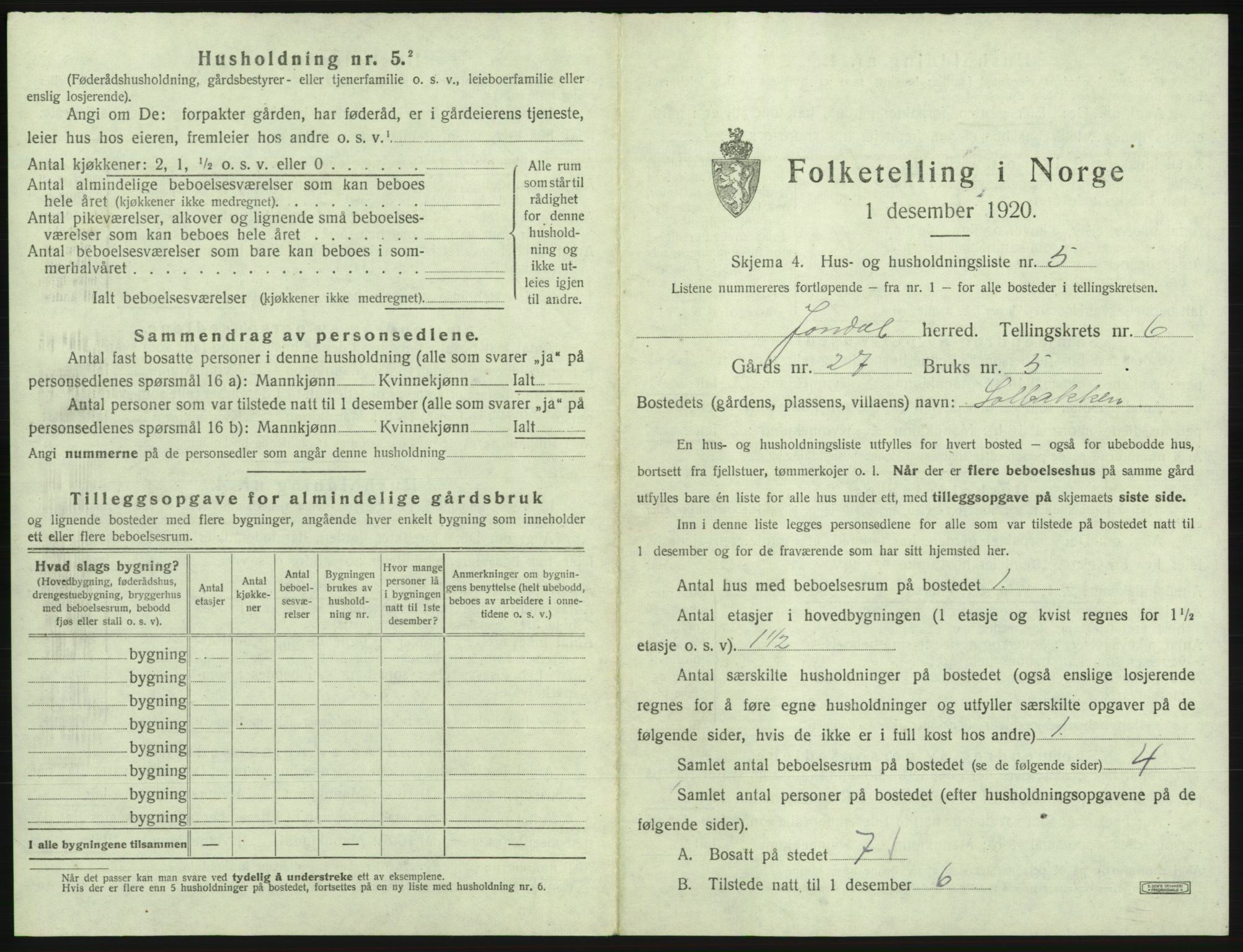 SAB, Folketelling 1920 for 1227 Jondal herred, 1920, s. 422