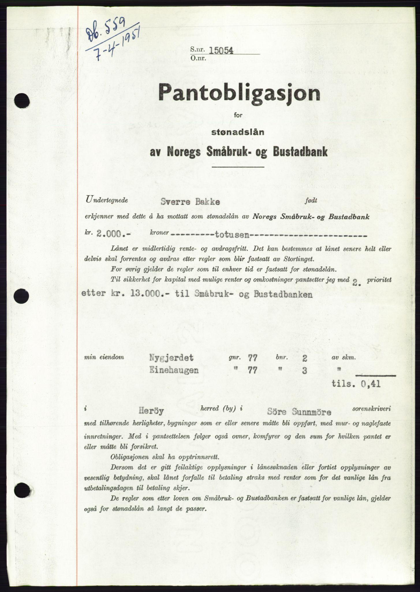 Søre Sunnmøre sorenskriveri, AV/SAT-A-4122/1/2/2C/L0119: Pantebok nr. 7B, 1950-1951, Dagboknr: 559/1951