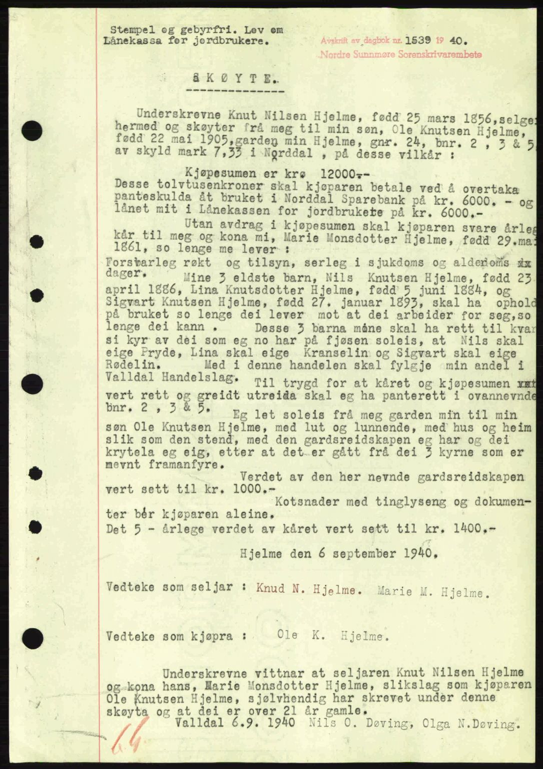Nordre Sunnmøre sorenskriveri, SAT/A-0006/1/2/2C/2Ca: Pantebok nr. A10, 1940-1941, Dagboknr: 1539/1940