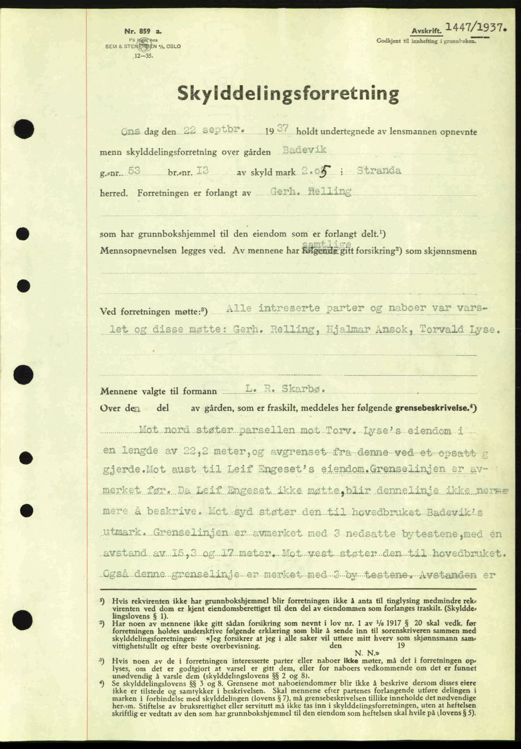 Nordre Sunnmøre sorenskriveri, SAT/A-0006/1/2/2C/2Ca: Pantebok nr. A3, 1937-1937, Dagboknr: 1447/1937