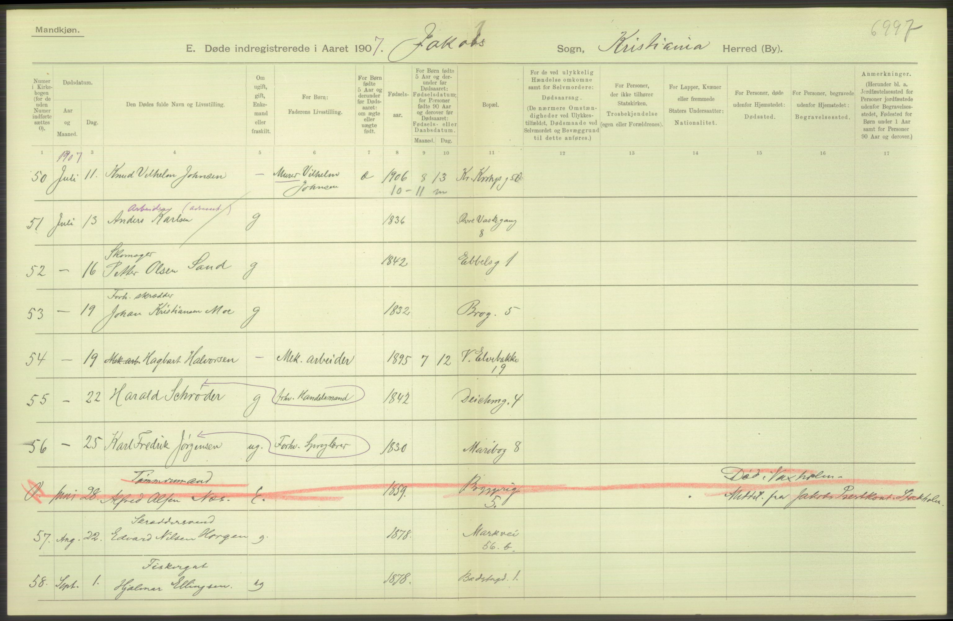 Statistisk sentralbyrå, Sosiodemografiske emner, Befolkning, AV/RA-S-2228/D/Df/Dfa/Dfae/L0010: Kristiania: Døde, dødfødte, 1907, s. 322