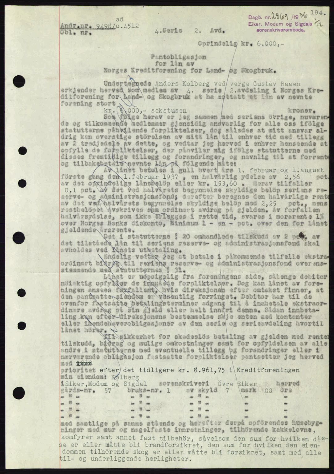 Eiker, Modum og Sigdal sorenskriveri, SAKO/A-123/G/Ga/Gab/L0034: Pantebok nr. A4, 1936-1937, Dagboknr: 2869/1936