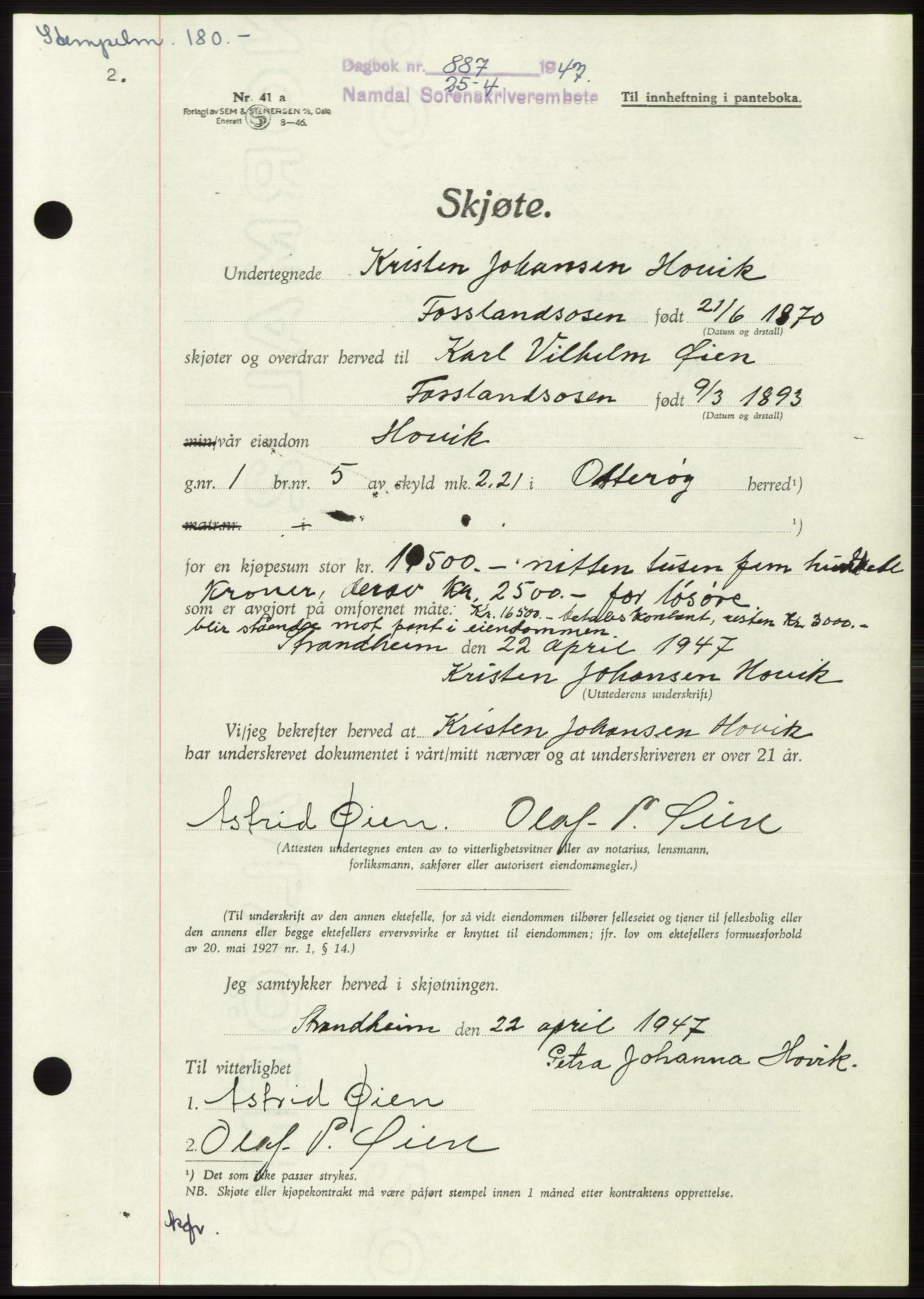 Namdal sorenskriveri, SAT/A-4133/1/2/2C: Pantebok nr. -, 1947-1947, Dagboknr: 887/1947
