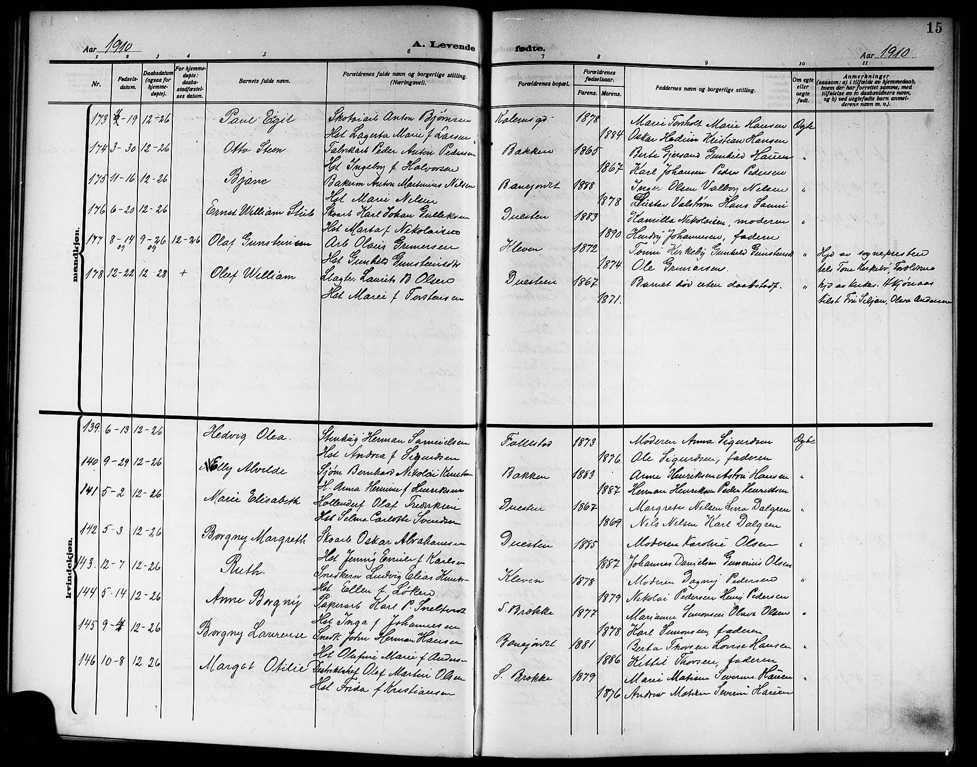 Skien kirkebøker, AV/SAKO-A-302/G/Ga/L0009: Klokkerbok nr. 9, 1910-1920, s. 15