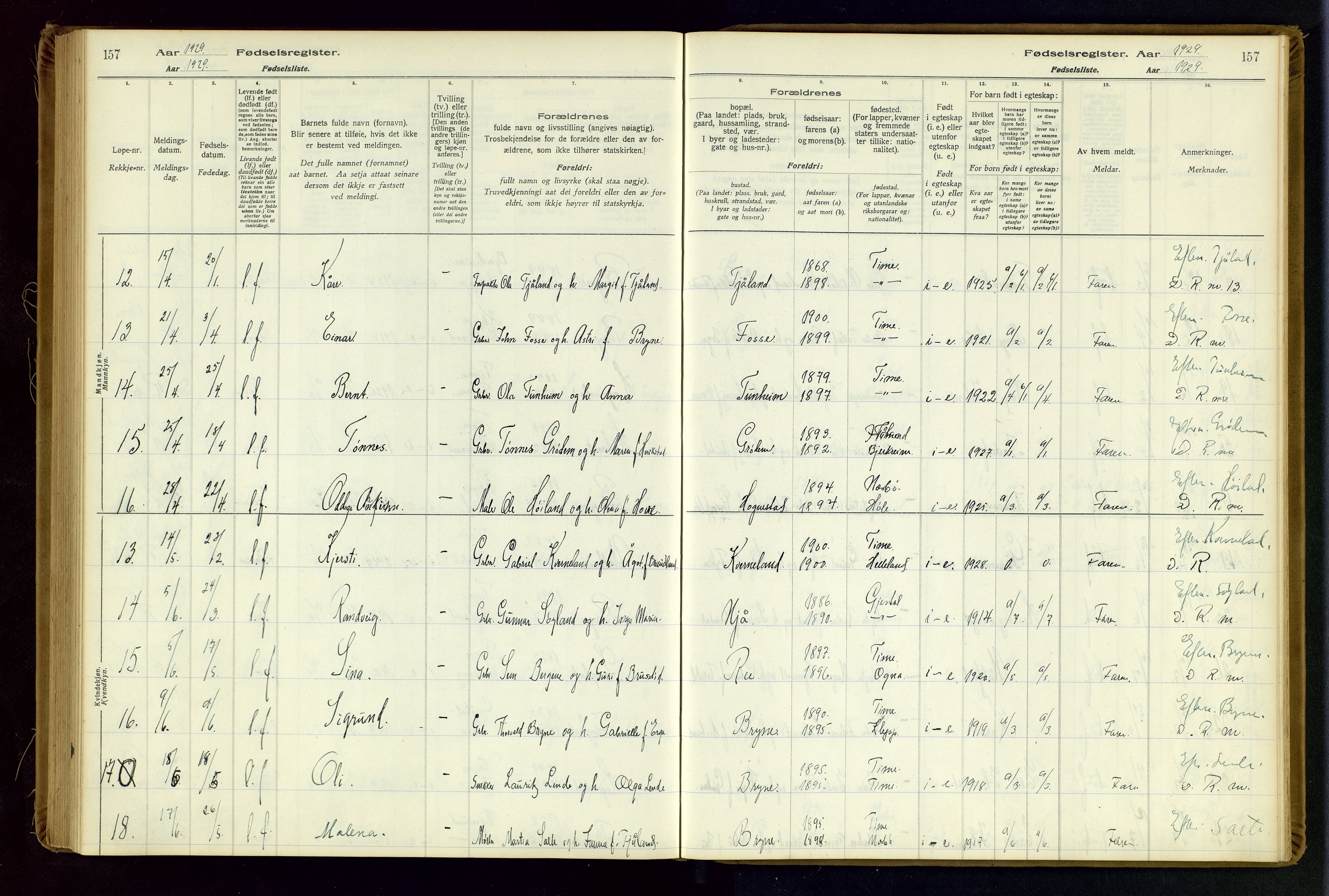 Time sokneprestkontor, AV/SAST-A-101795/001/704BA/L0001: Fødselsregister nr. 1, 1916-1934, s. 157