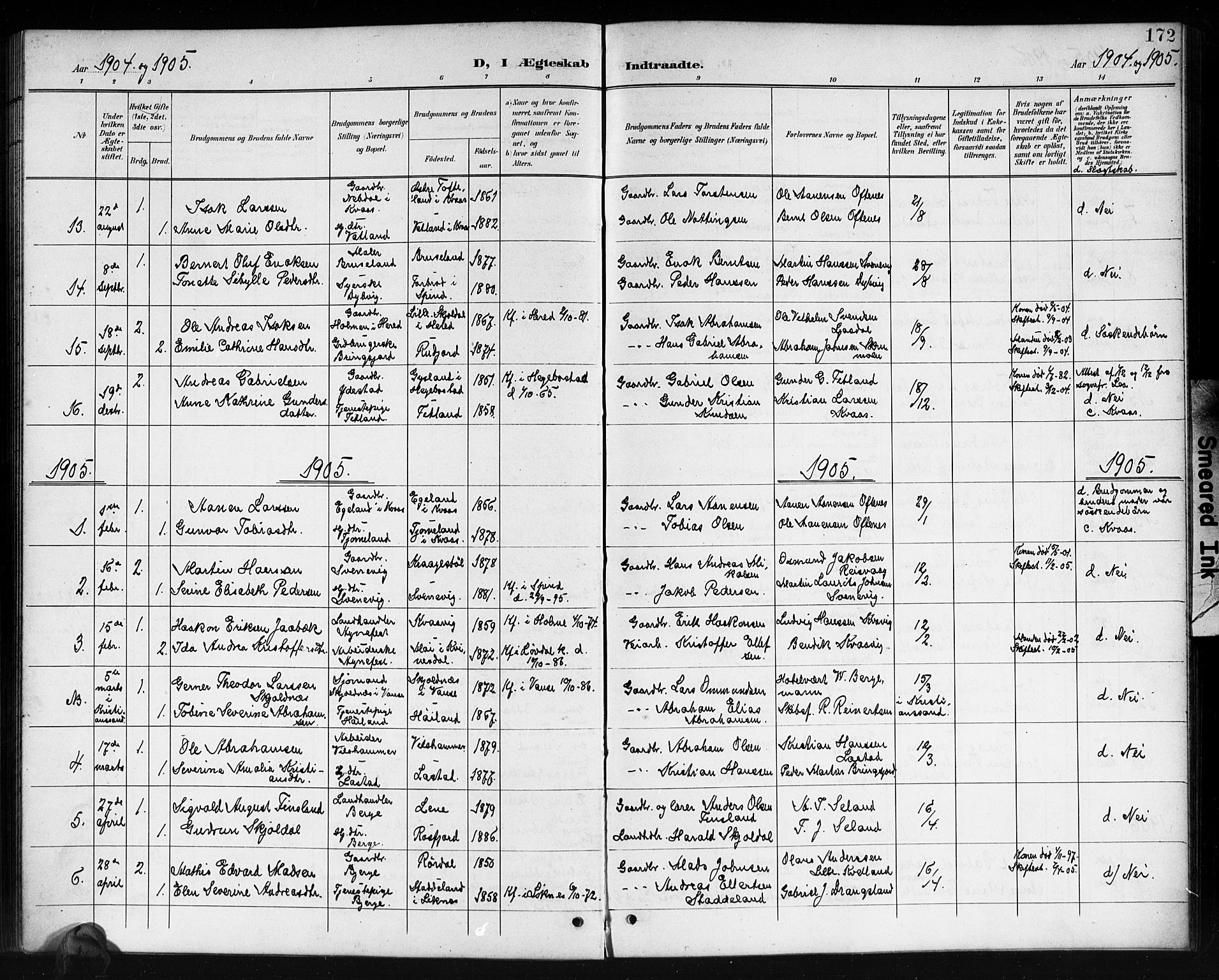 Lyngdal sokneprestkontor, AV/SAK-1111-0029/F/Fb/Fbc/L0005: Klokkerbok nr. B 5, 1897-1913, s. 172