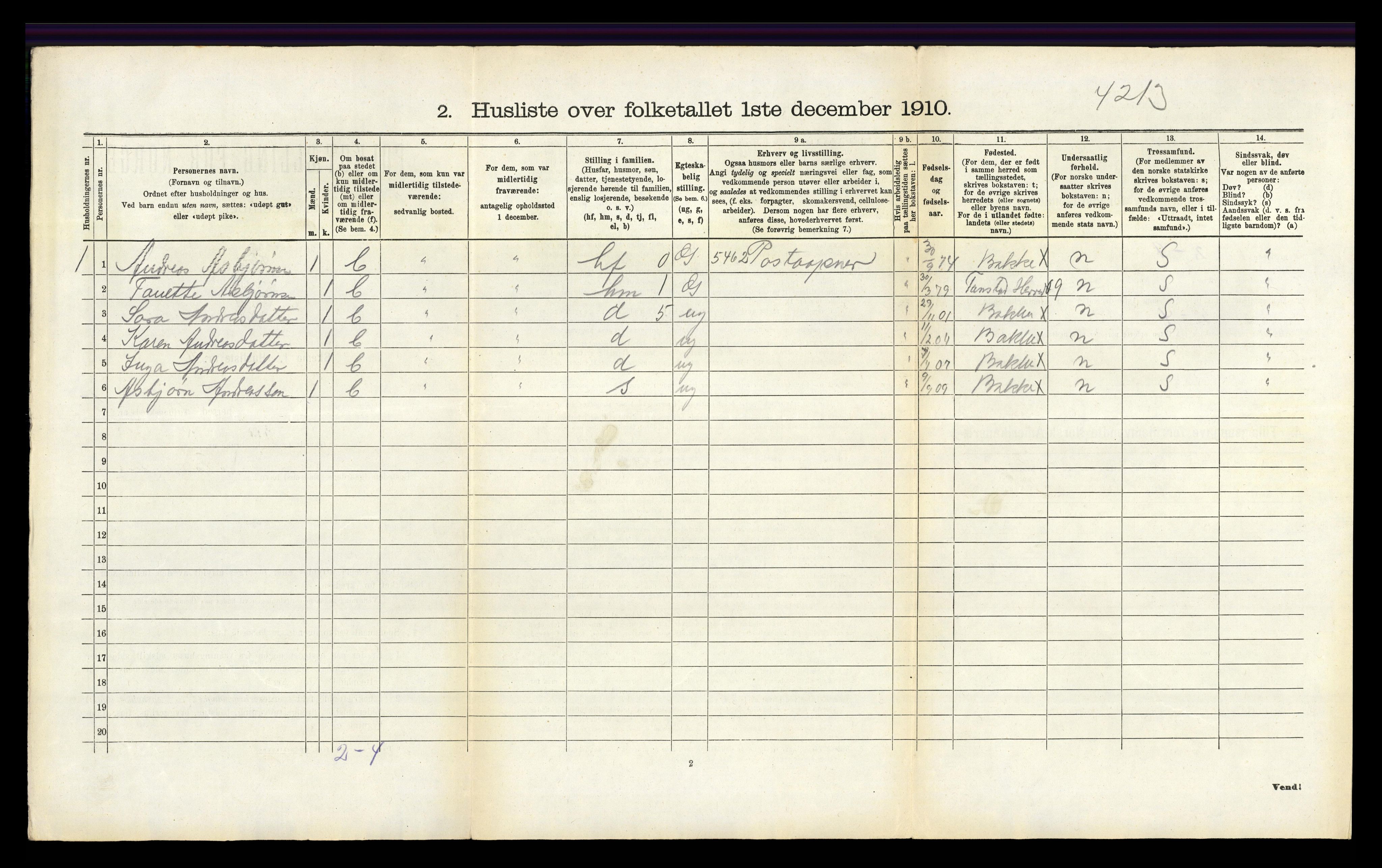 RA, Folketelling 1910 for 1045 Bakke herred, 1910, s. 298