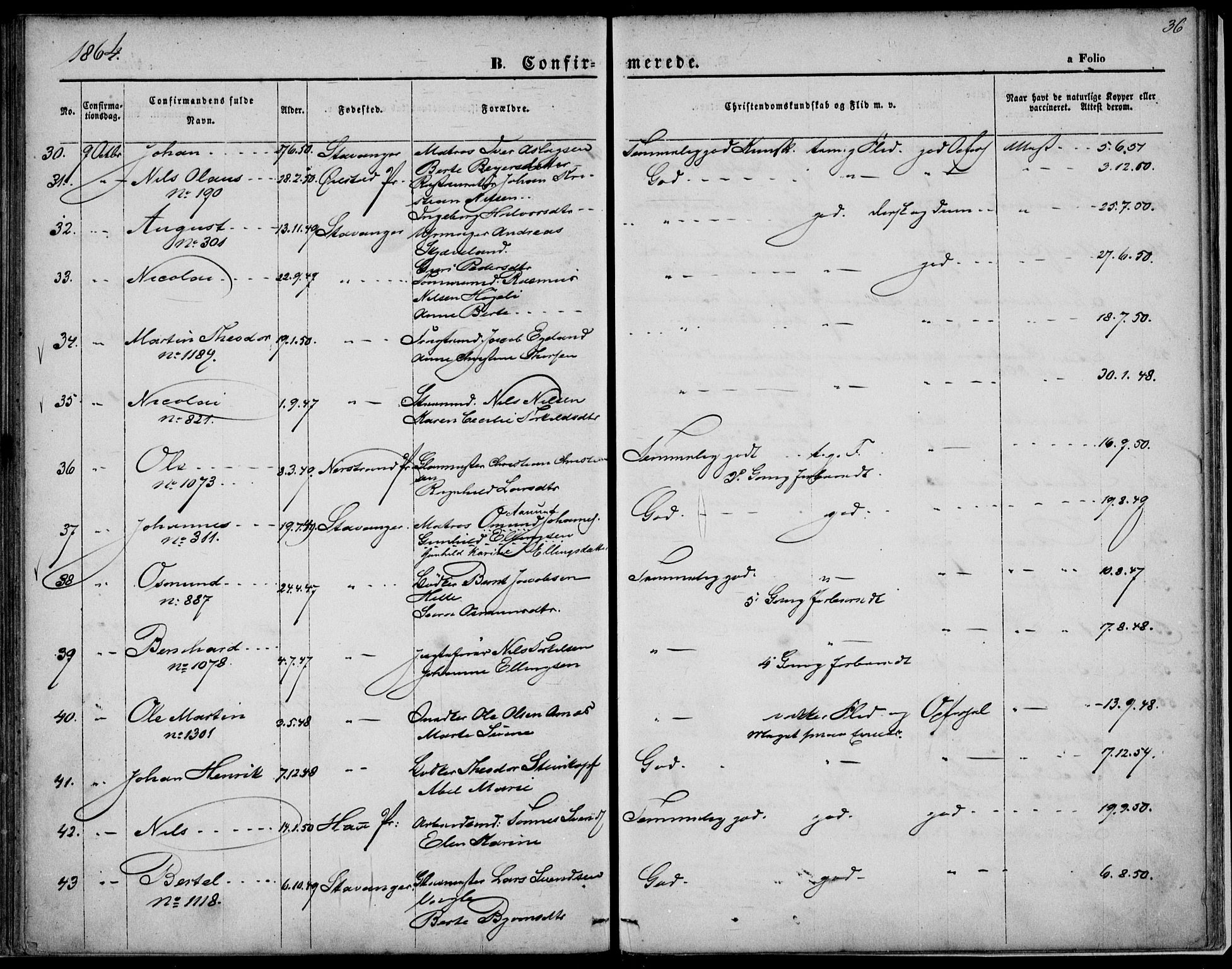 St. Petri sokneprestkontor, AV/SAST-A-101813/001/30/30BA/L0004: Ministerialbok nr. A 4, 1861-1865, s. 36