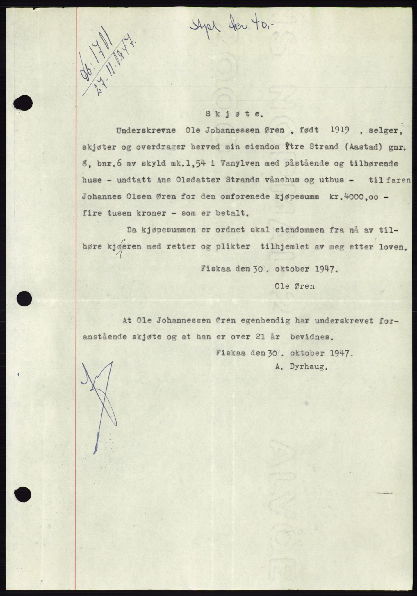 Søre Sunnmøre sorenskriveri, AV/SAT-A-4122/1/2/2C/L0081: Pantebok nr. 7A, 1947-1948, Dagboknr: 1711/1947