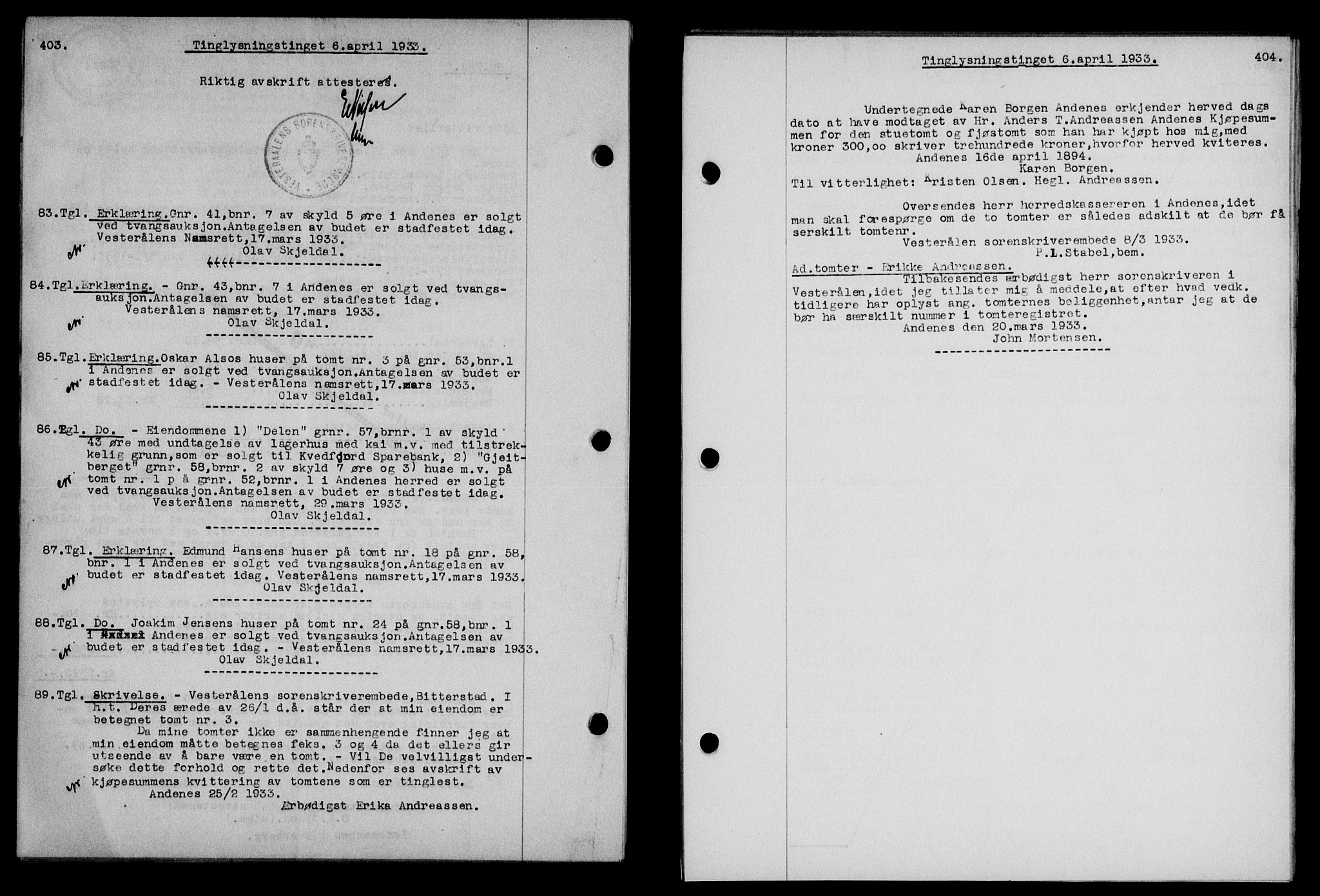 Vesterålen sorenskriveri, SAT/A-4180/1/2/2Ca/L0057: Pantebok nr. 50, 1933-1933, Tingl.dato: 06.04.1933