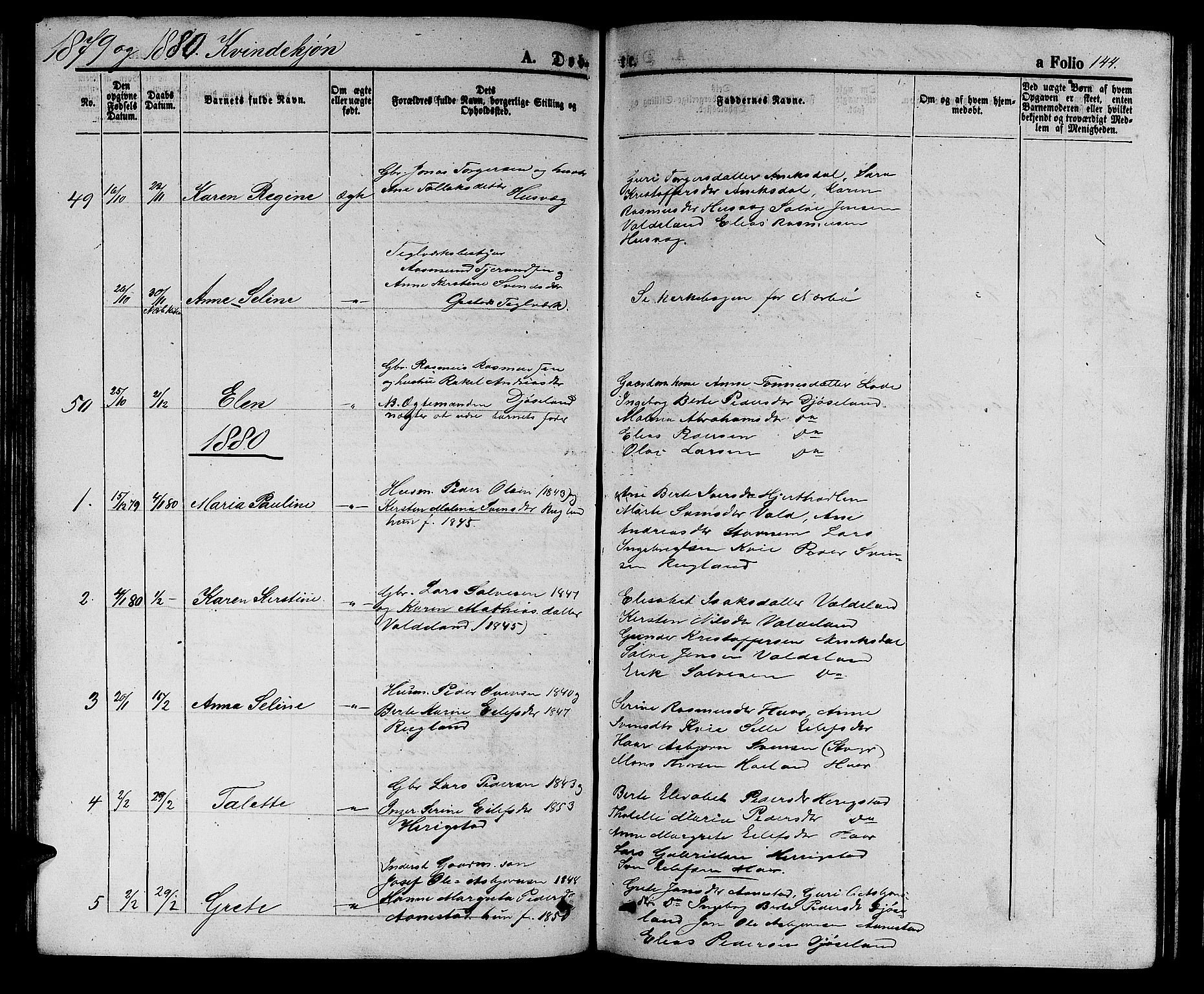 Hå sokneprestkontor, AV/SAST-A-101801/001/30BB/L0002: Klokkerbok nr. B 2, 1854-1883, s. 144