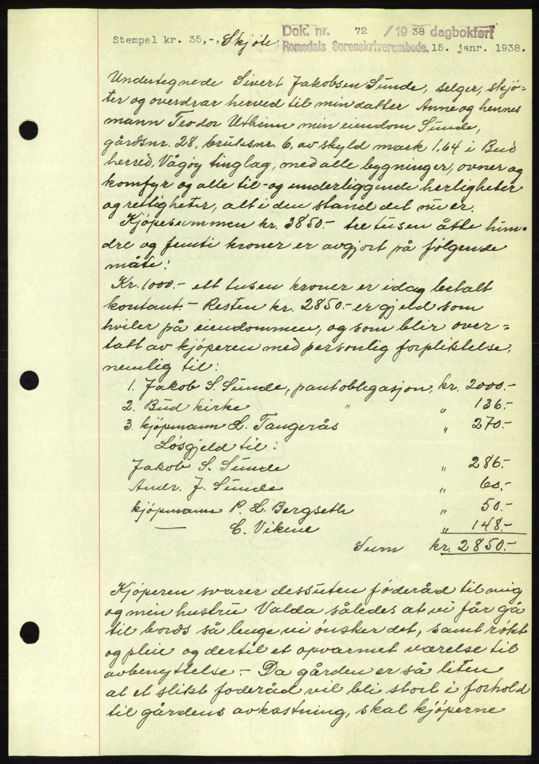 Romsdal sorenskriveri, AV/SAT-A-4149/1/2/2C: Pantebok nr. A4, 1937-1938, Dagboknr: 72/1938