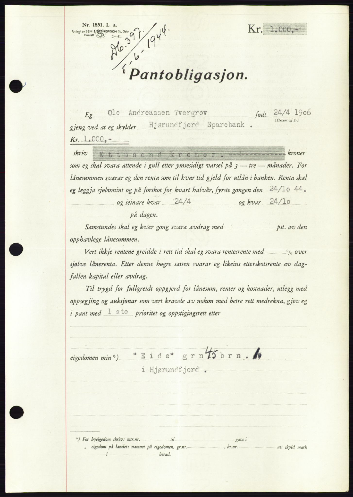 Søre Sunnmøre sorenskriveri, AV/SAT-A-4122/1/2/2C/L0114: Pantebok nr. 1-2B, 1943-1947, Dagboknr: 397/1944