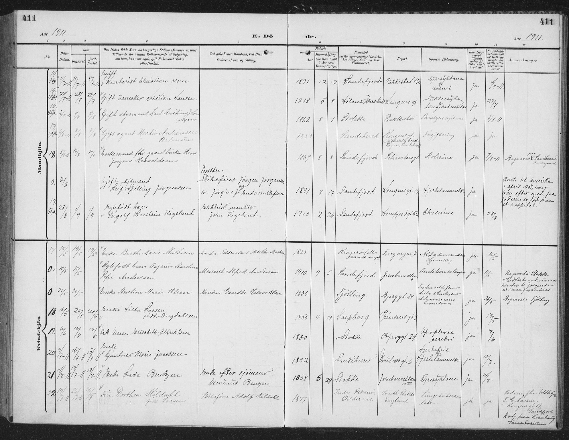 Sandefjord kirkebøker, AV/SAKO-A-315/G/Ga/L0003: Klokkerbok nr. 3, 1903-1920, s. 411