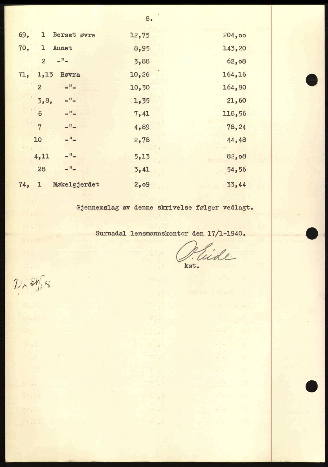 Nordmøre sorenskriveri, AV/SAT-A-4132/1/2/2Ca: Pantebok nr. B86, 1939-1940, Dagboknr: 176/1940