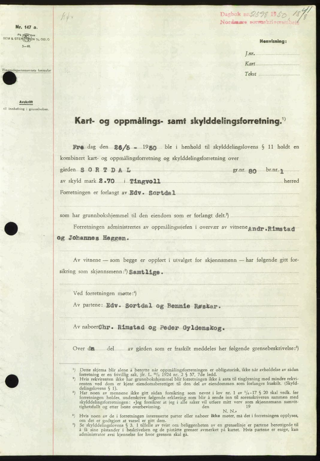 Nordmøre sorenskriveri, SAT/A-4132/1/2/2Ca: Pantebok nr. A116, 1950-1950, Dagboknr: 2598/1950