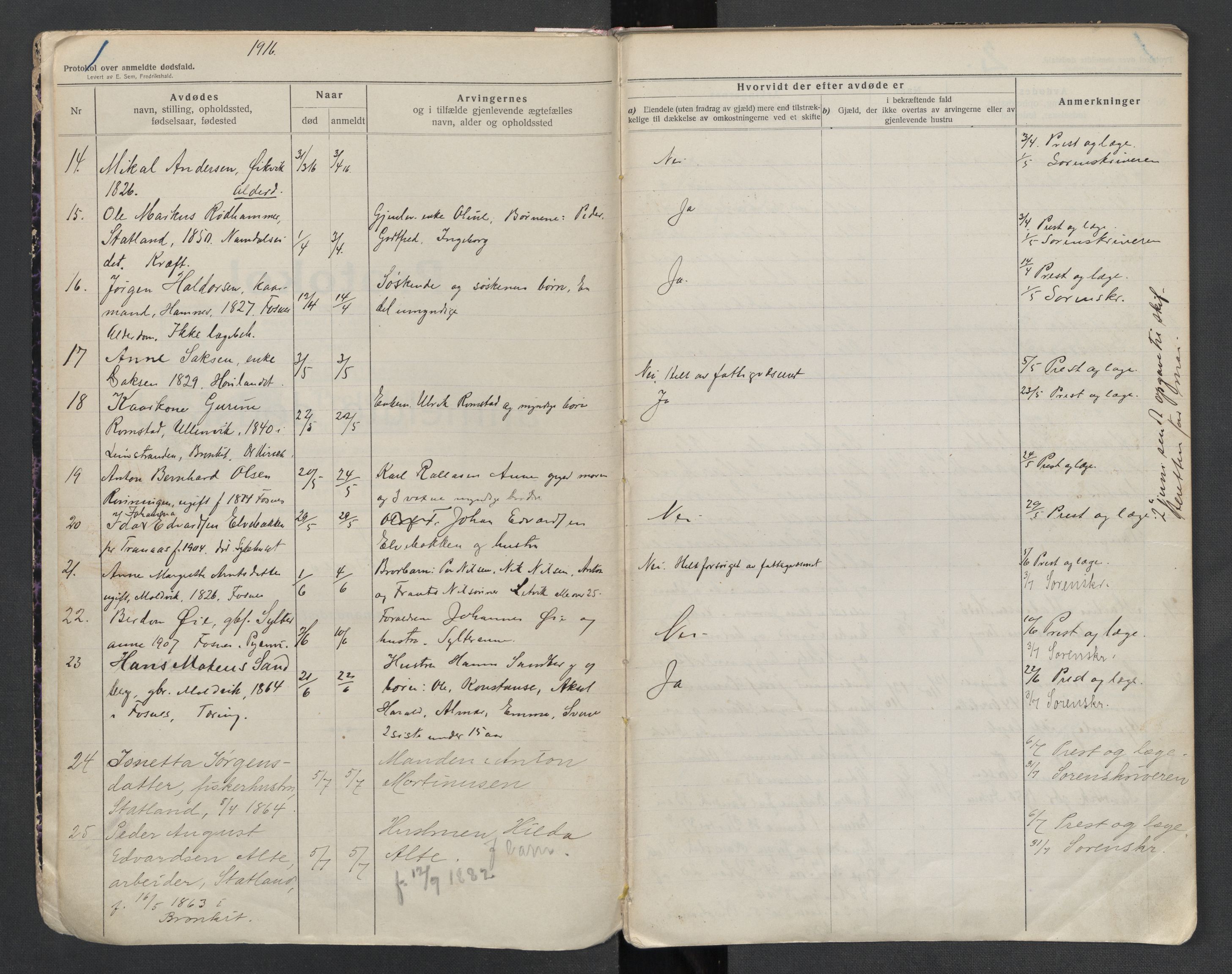 Fosnes lensmannskontor , SAT/A-1022/1/02/L0003: 2.01.03 Døsfallsjournal, 1916-1930, s. 1